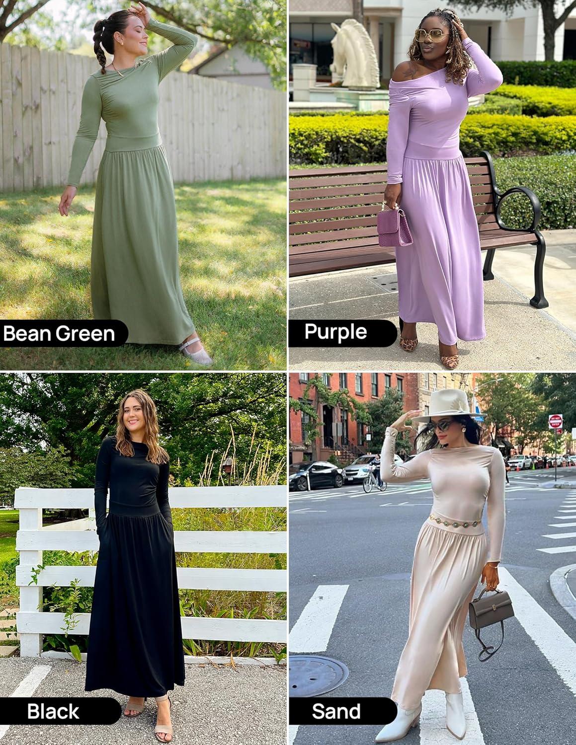 imageZESICA Womens Long Sleeve Fall Maxi Dress 2026 Crewneck Knit Casual Slim Swing Pleated Dresses with PocketsDark Green