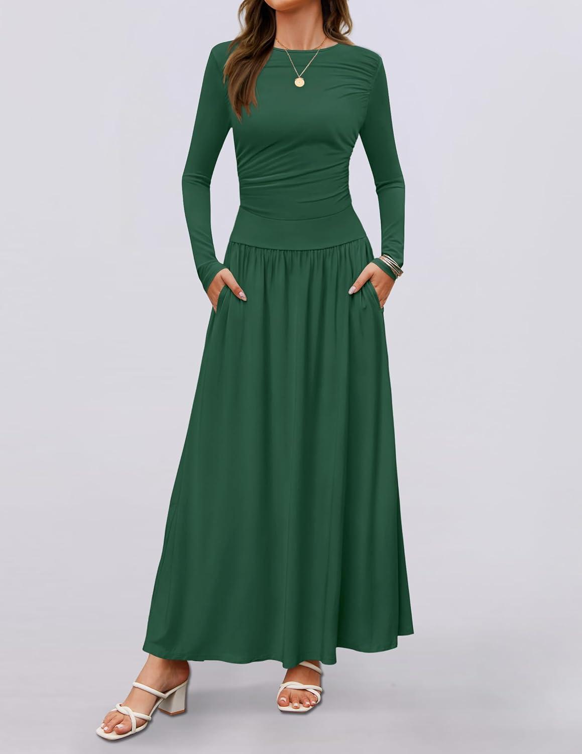 imageZESICA Womens Long Sleeve Fall Maxi Dress 2026 Crewneck Knit Casual Slim Swing Pleated Dresses with PocketsDark Green