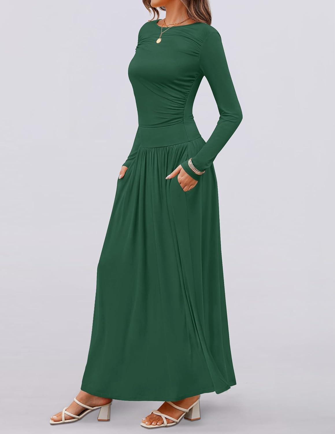imageZESICA Womens Long Sleeve Fall Maxi Dress 2026 Crewneck Knit Casual Slim Swing Pleated Dresses with PocketsDark Green