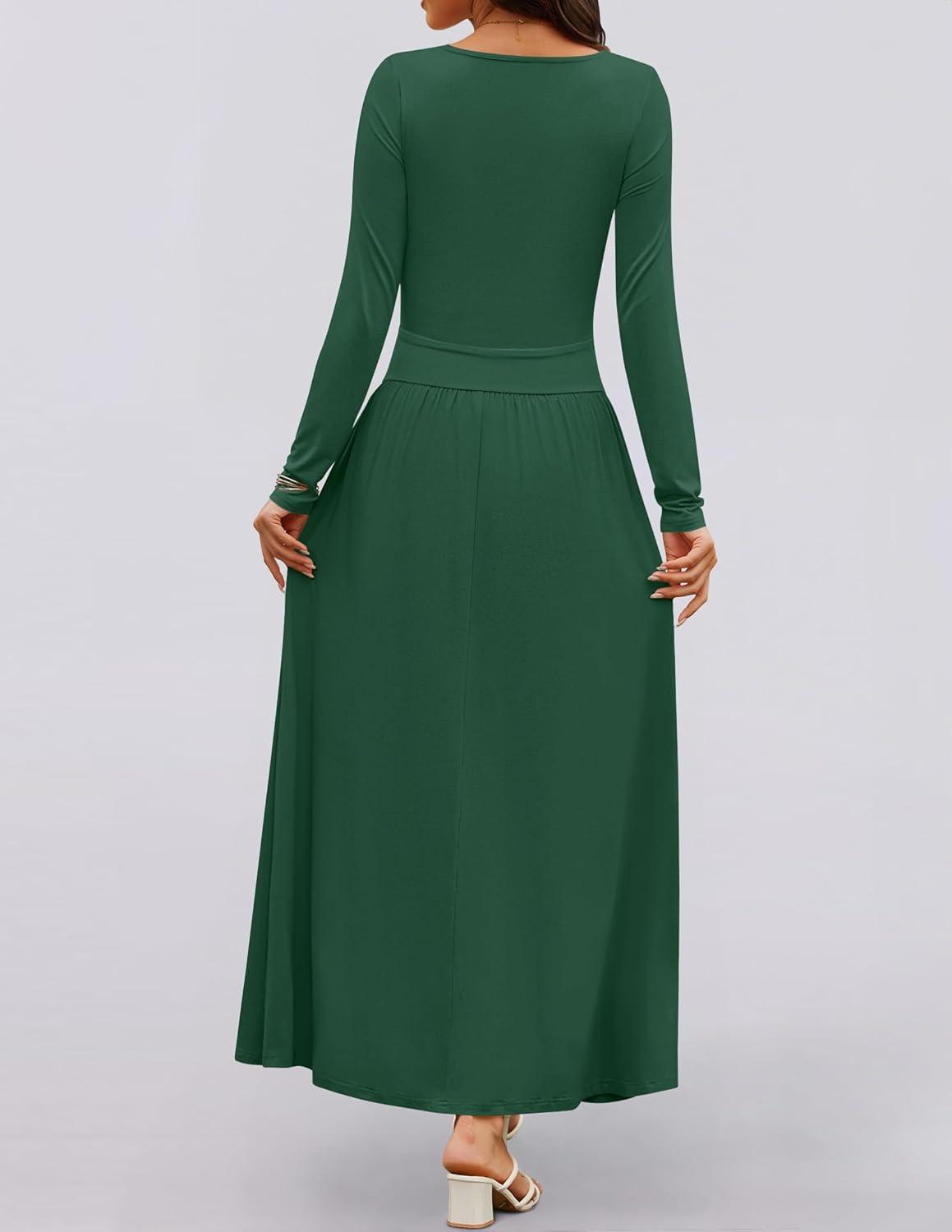 imageZESICA Womens Long Sleeve Fall Maxi Dress 2026 Crewneck Knit Casual Slim Swing Pleated Dresses with PocketsDark Green