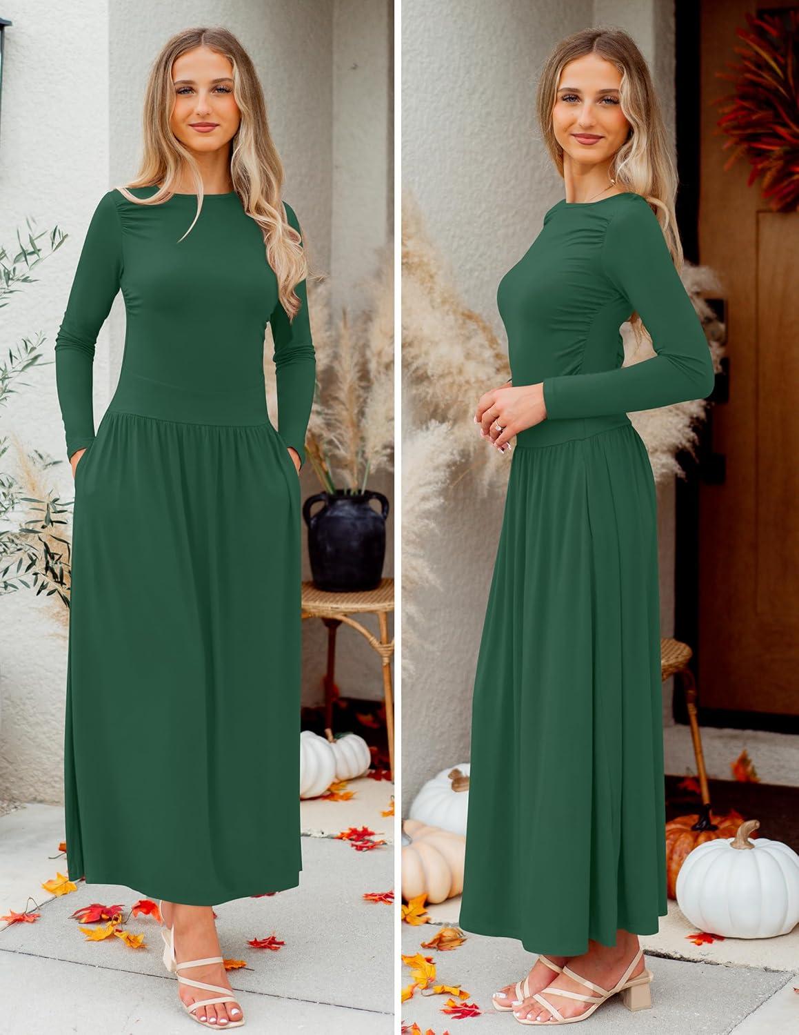 imageZESICA Womens Long Sleeve Fall Maxi Dress 2026 Crewneck Knit Casual Slim Swing Pleated Dresses with PocketsDark Green