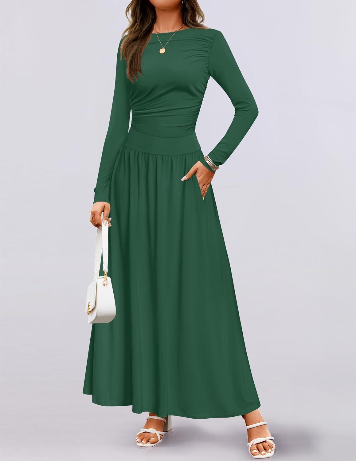 imageZESICA Womens Long Sleeve Fall Maxi Dress 2026 Crewneck Knit Casual Slim Swing Pleated Dresses with PocketsDark Green