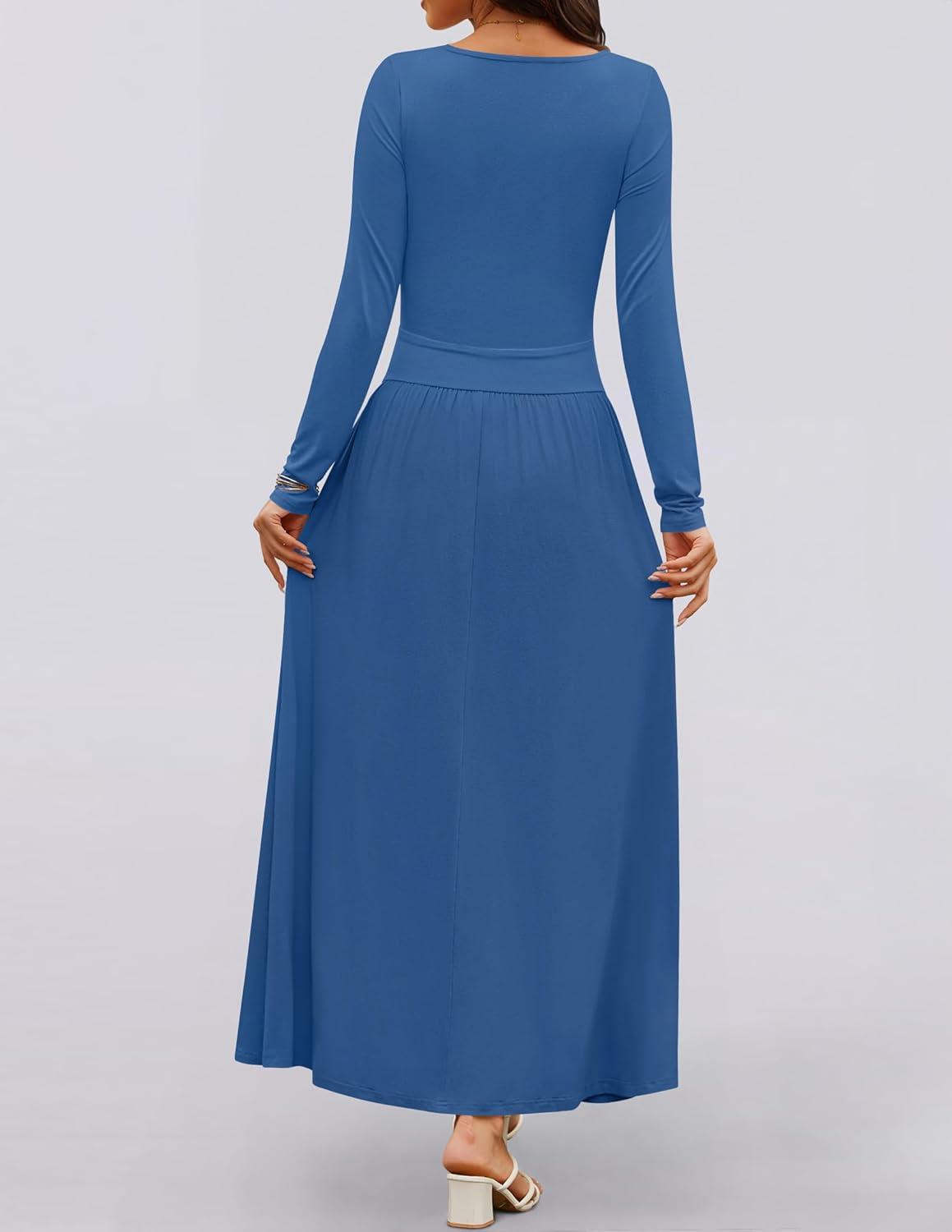 imageZESICA Womens Long Sleeve Fall Maxi Dress 2026 Crewneck Knit Casual Slim Swing Pleated Dresses with PocketsNavy