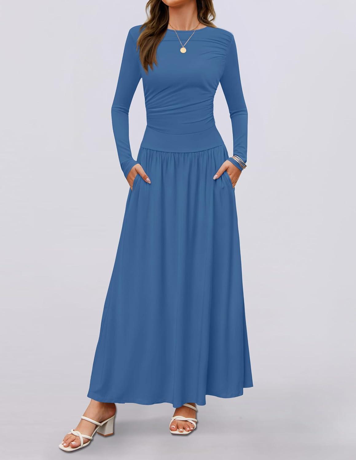 imageZESICA Womens Long Sleeve Fall Maxi Dress 2026 Crewneck Knit Casual Slim Swing Pleated Dresses with PocketsNavy