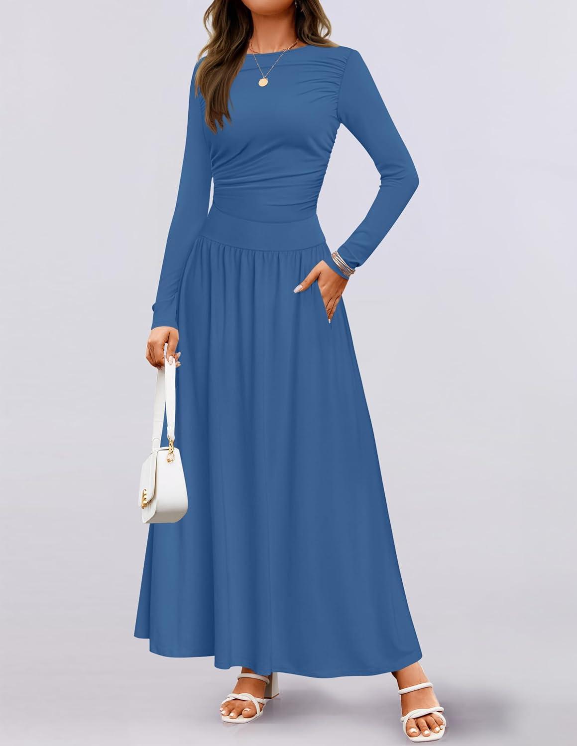 imageZESICA Womens Long Sleeve Fall Maxi Dress 2026 Crewneck Knit Casual Slim Swing Pleated Dresses with PocketsNavy