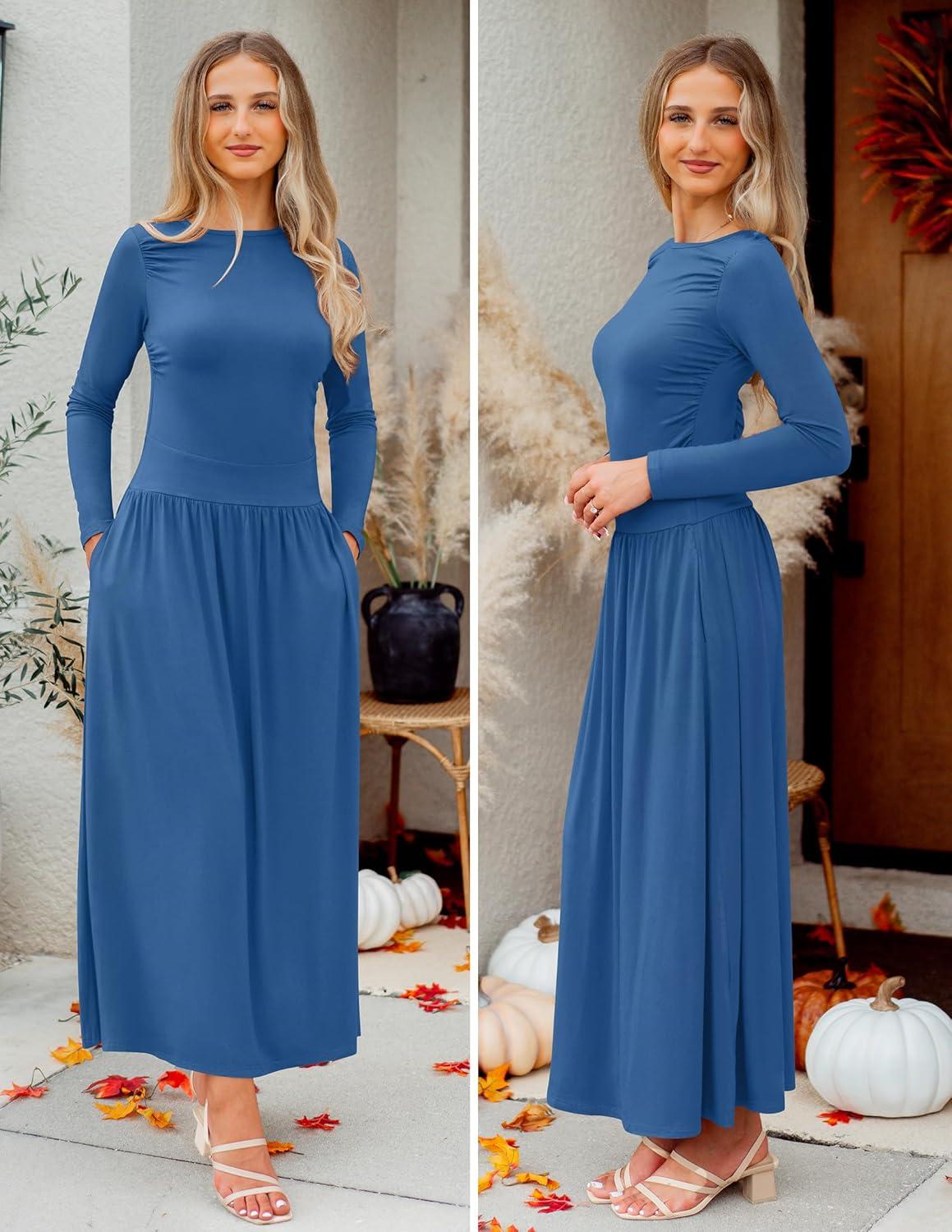 imageZESICA Womens Long Sleeve Fall Maxi Dress 2026 Crewneck Knit Casual Slim Swing Pleated Dresses with PocketsNavy