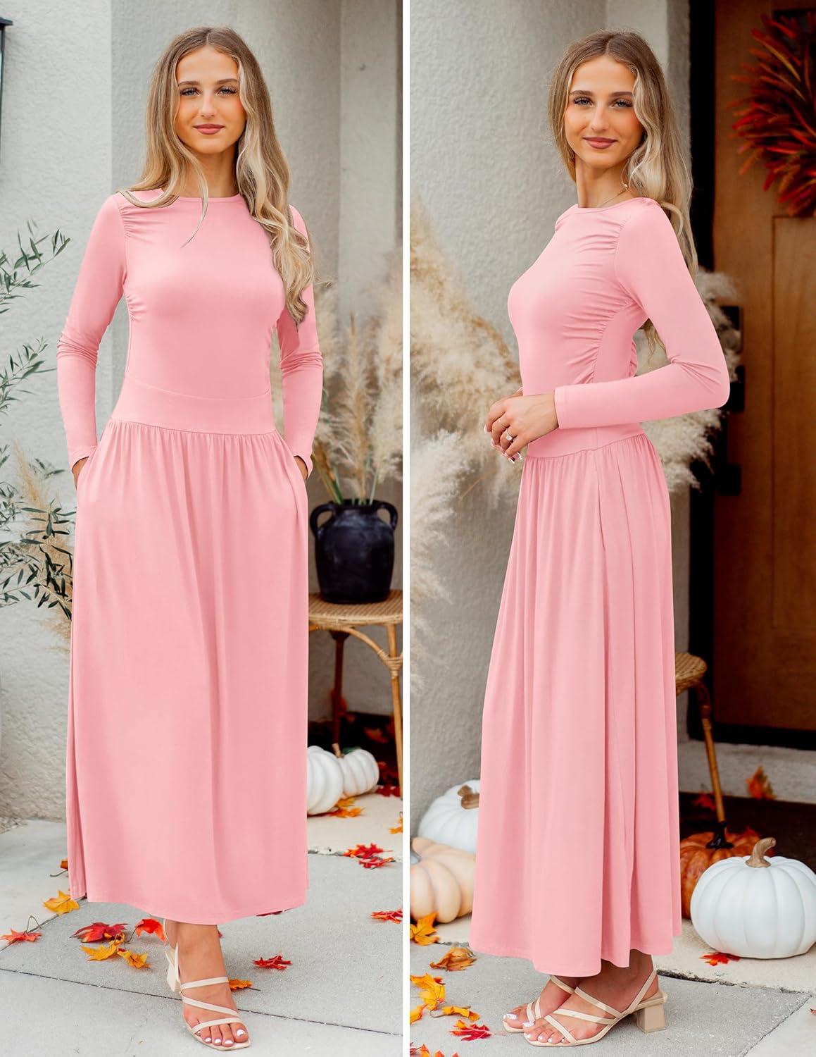 imageZESICA Womens Long Sleeve Fall Maxi Dress 2026 Crewneck Knit Casual Slim Swing Pleated Dresses with PocketsPink