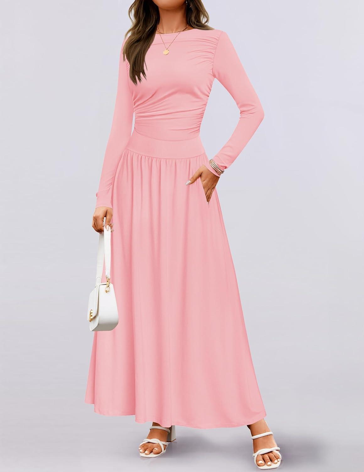 imageZESICA Womens Long Sleeve Fall Maxi Dress 2026 Crewneck Knit Casual Slim Swing Pleated Dresses with PocketsPink