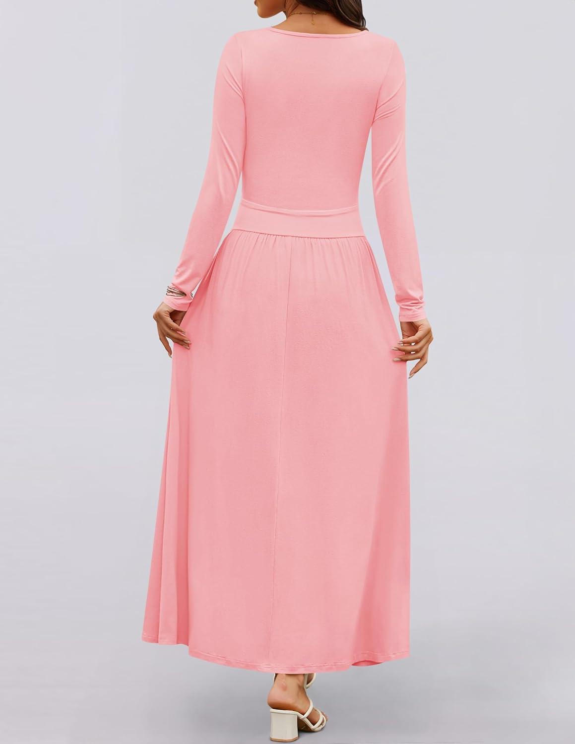 imageZESICA Womens Long Sleeve Fall Maxi Dress 2026 Crewneck Knit Casual Slim Swing Pleated Dresses with PocketsPink