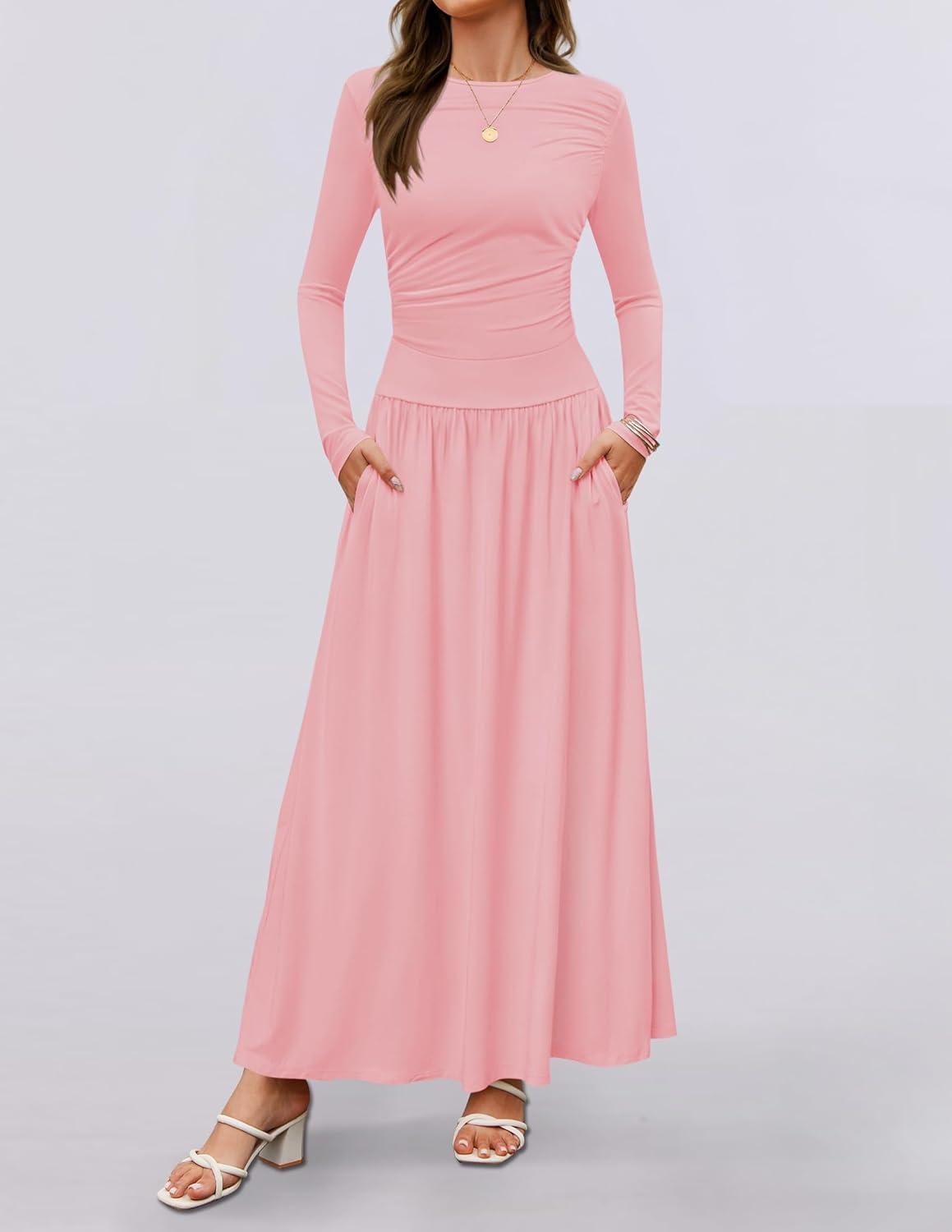 imageZESICA Womens Long Sleeve Fall Maxi Dress 2026 Crewneck Knit Casual Slim Swing Pleated Dresses with PocketsPink
