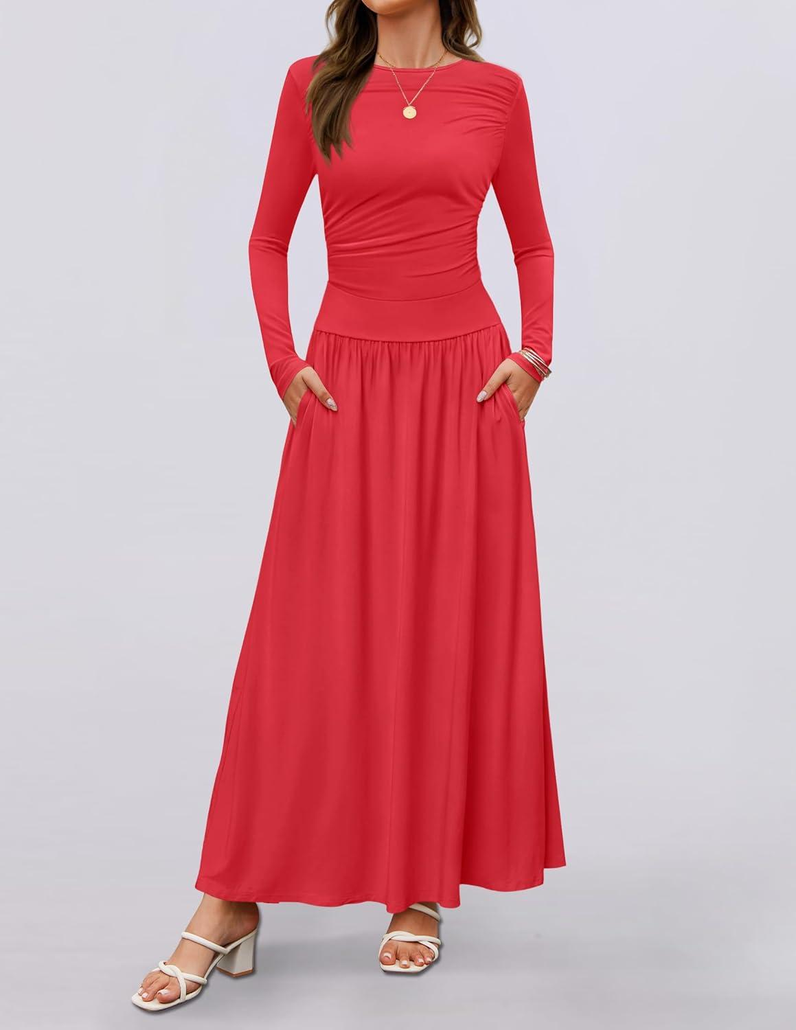imageZESICA Womens Long Sleeve Fall Maxi Dress 2026 Crewneck Knit Casual Slim Swing Pleated Dresses with PocketsRed
