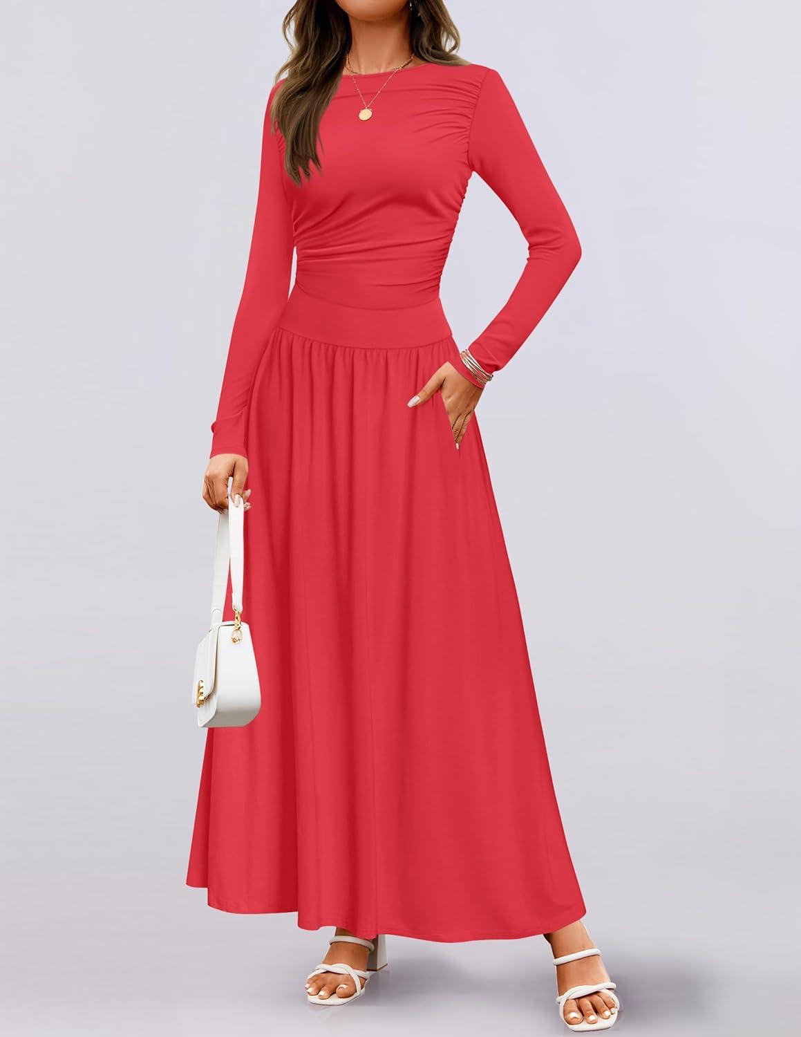 imageZESICA Womens Long Sleeve Fall Maxi Dress 2026 Crewneck Knit Casual Slim Swing Pleated Dresses with PocketsRed