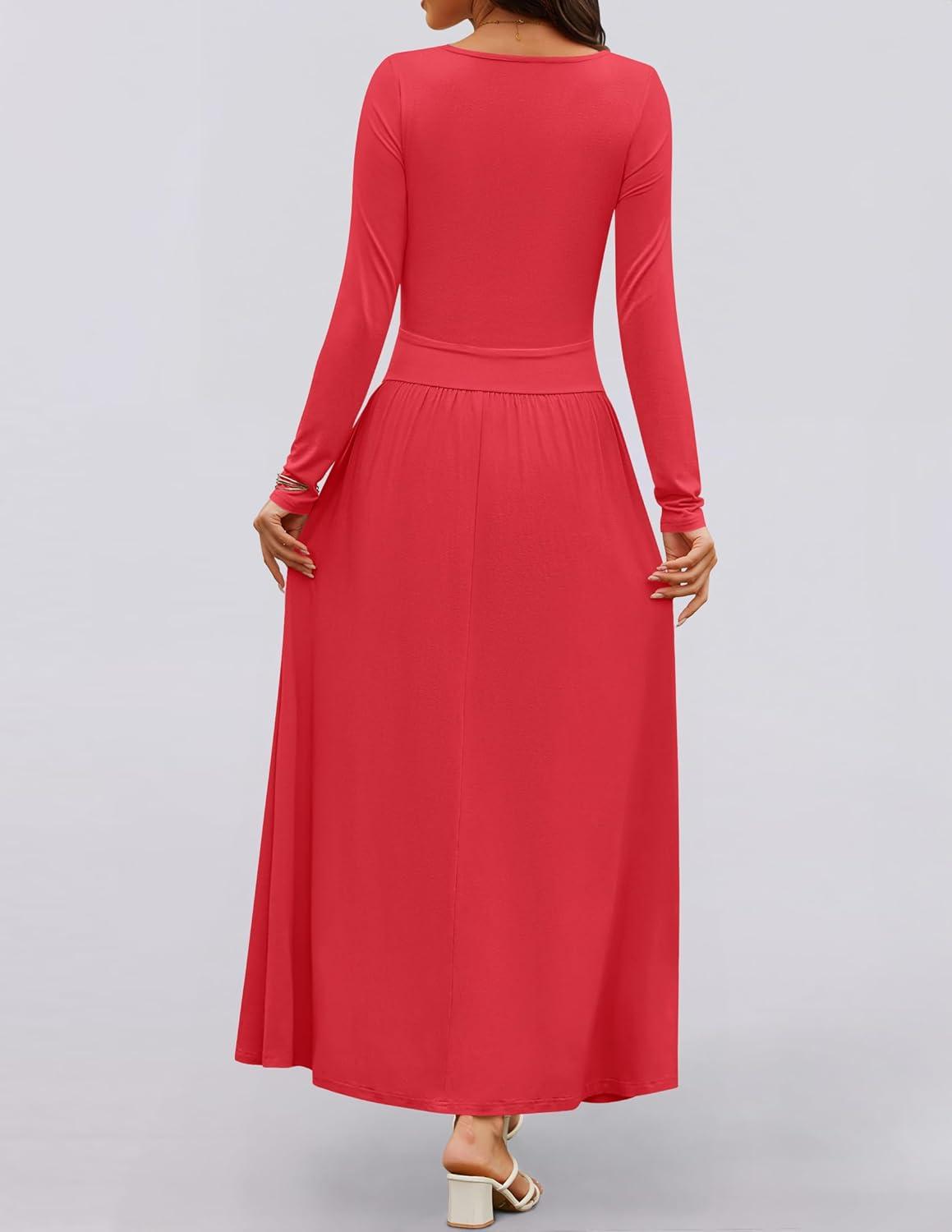 imageZESICA Womens Long Sleeve Fall Maxi Dress 2026 Crewneck Knit Casual Slim Swing Pleated Dresses with PocketsRed