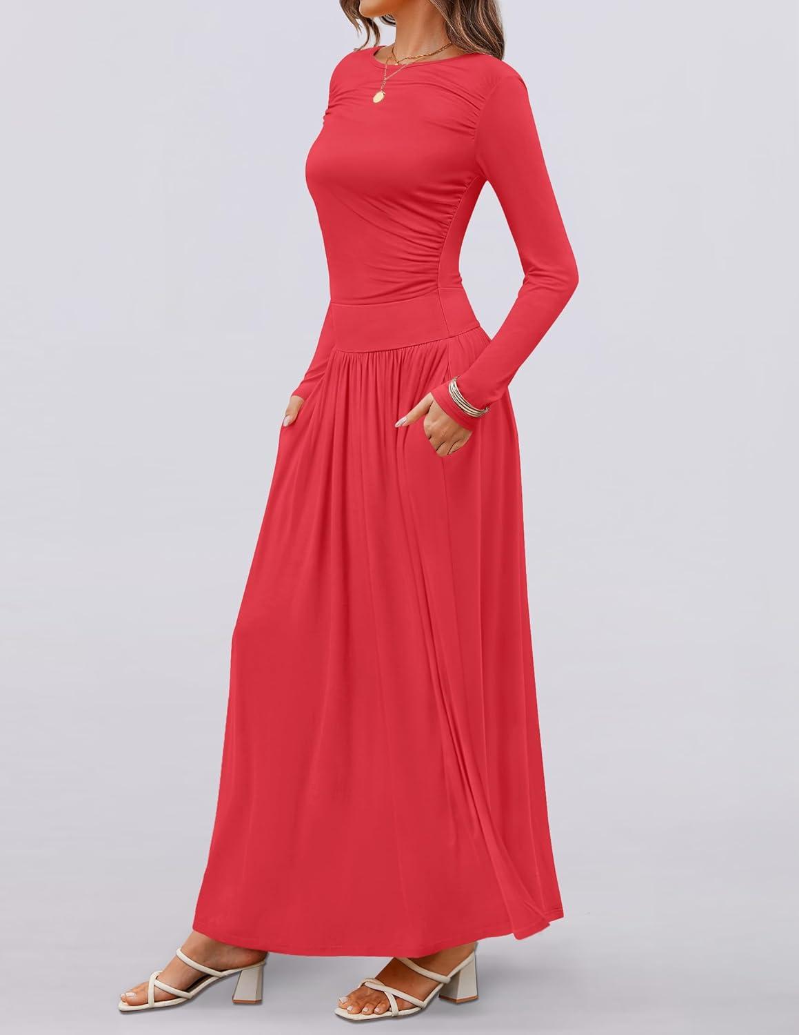 imageZESICA Womens Long Sleeve Fall Maxi Dress 2026 Crewneck Knit Casual Slim Swing Pleated Dresses with PocketsRed