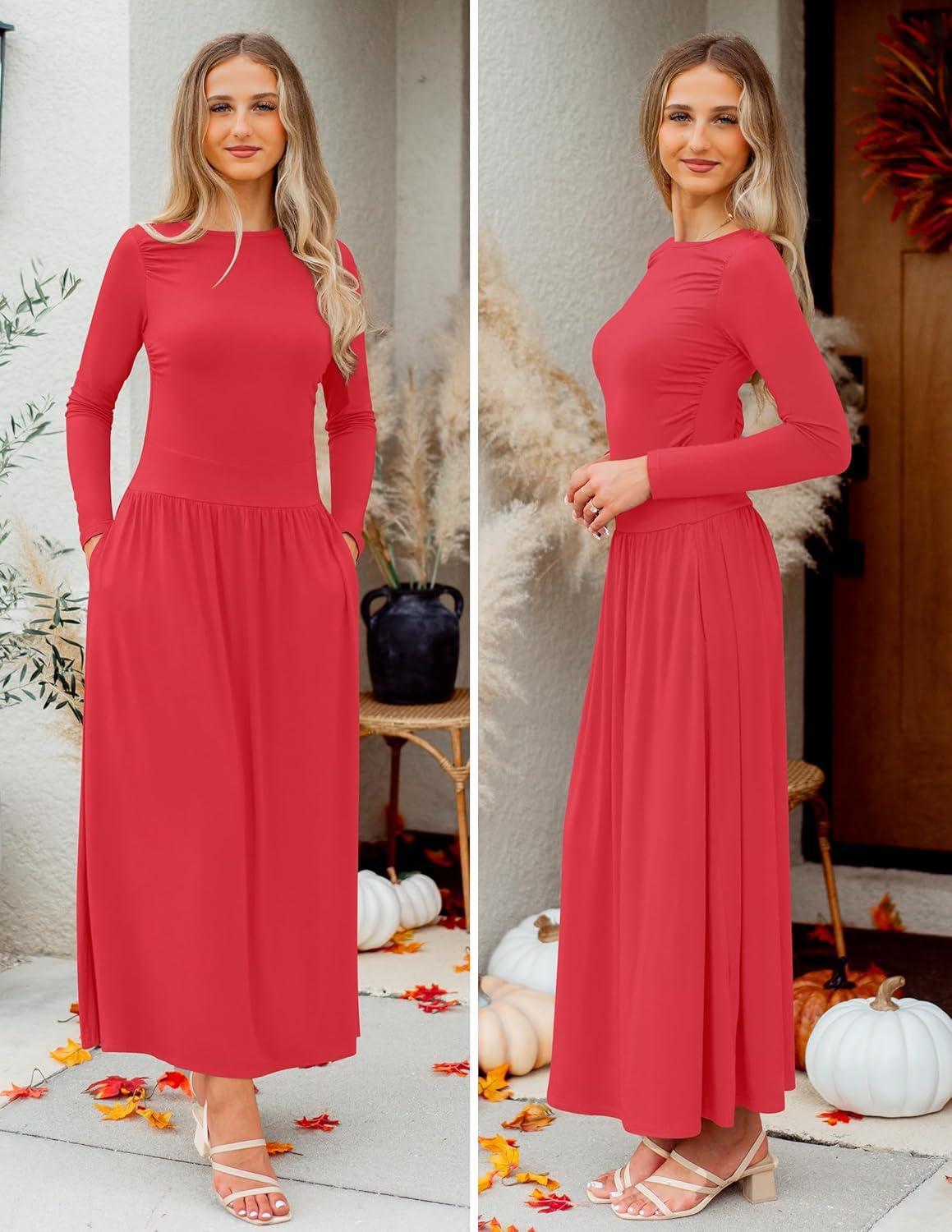 imageZESICA Womens Long Sleeve Fall Maxi Dress 2026 Crewneck Knit Casual Slim Swing Pleated Dresses with PocketsRed