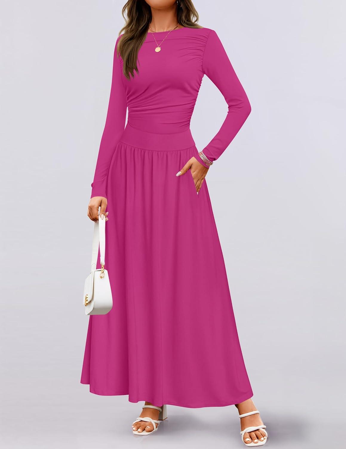 imageZESICA Womens Long Sleeve Fall Maxi Dress 2026 Crewneck Knit Casual Slim Swing Pleated Dresses with PocketsRose