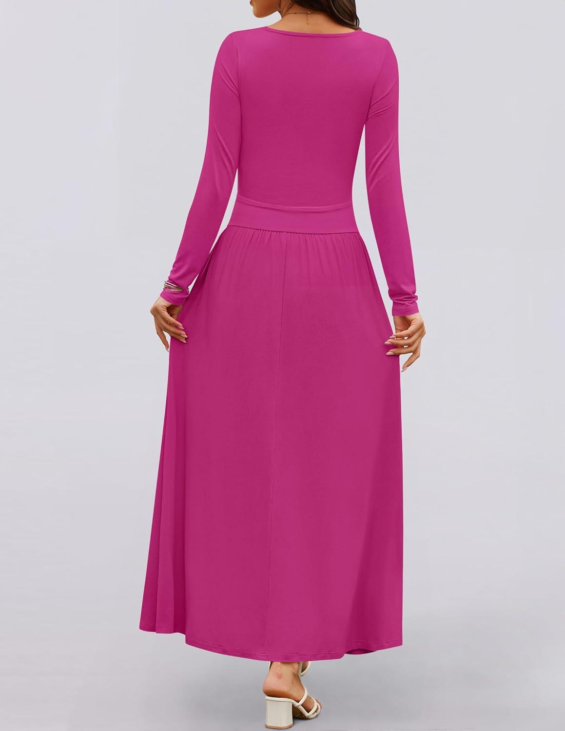 imageZESICA Womens Long Sleeve Fall Maxi Dress 2026 Crewneck Knit Casual Slim Swing Pleated Dresses with PocketsRose