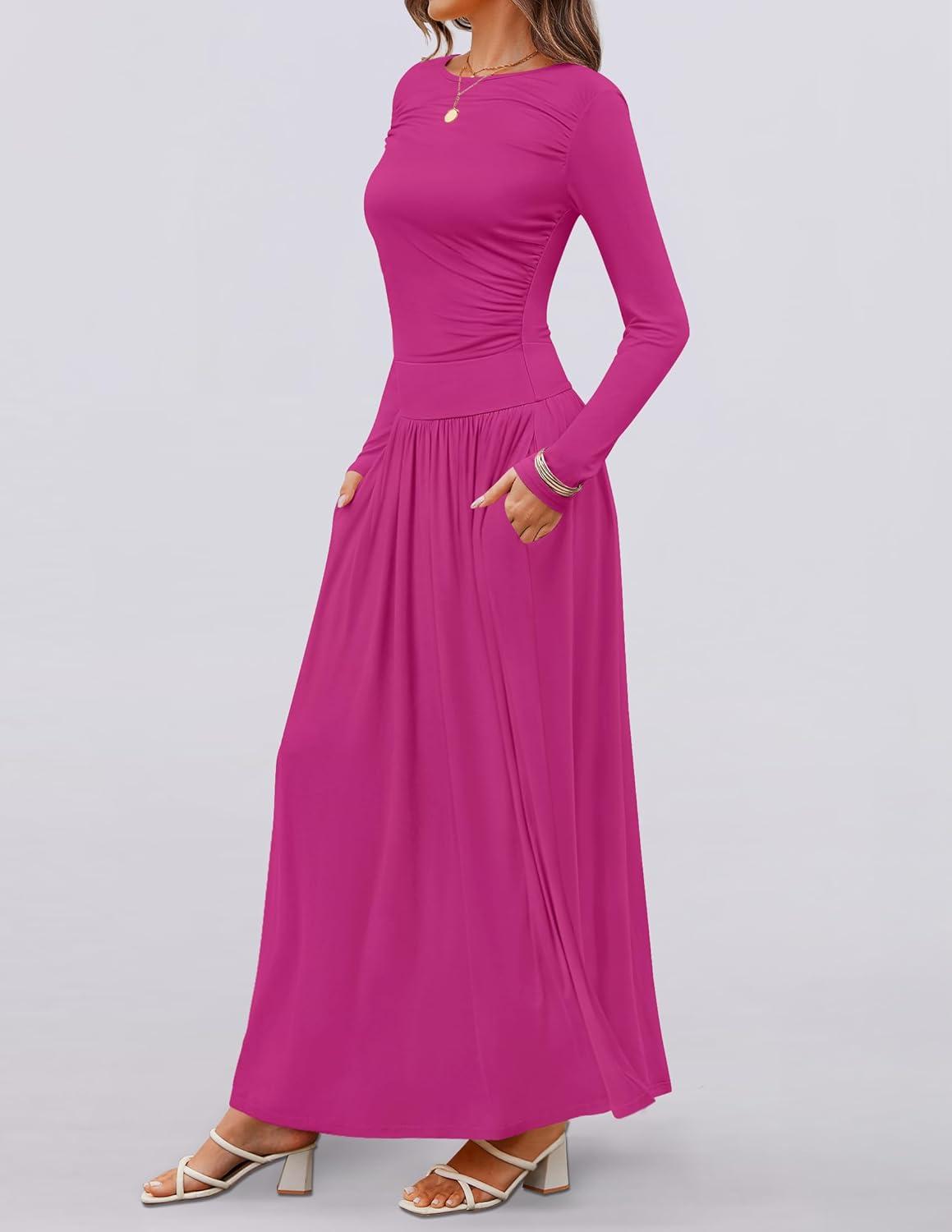 imageZESICA Womens Long Sleeve Fall Maxi Dress 2026 Crewneck Knit Casual Slim Swing Pleated Dresses with PocketsRose