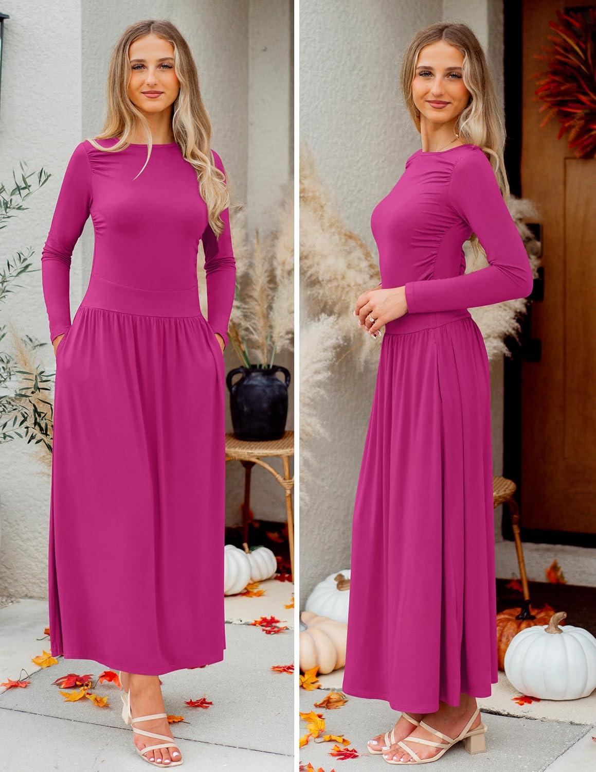 imageZESICA Womens Long Sleeve Fall Maxi Dress 2026 Crewneck Knit Casual Slim Swing Pleated Dresses with PocketsRose