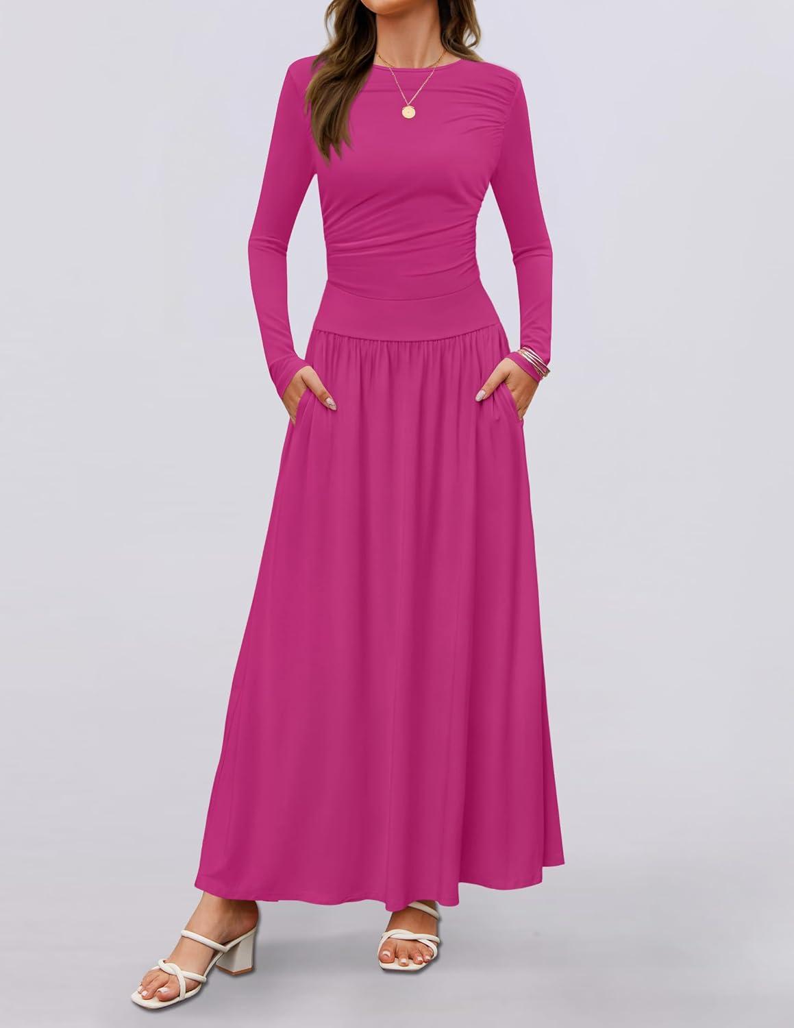 imageZESICA Womens Long Sleeve Fall Maxi Dress 2026 Crewneck Knit Casual Slim Swing Pleated Dresses with PocketsRose