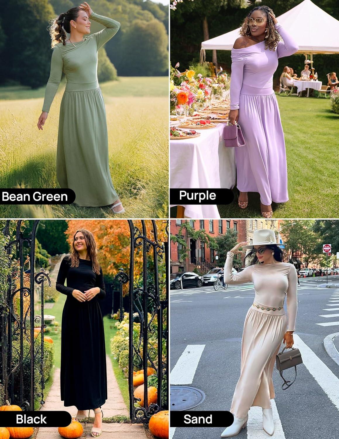 imageZESICA Womens Long Sleeve Fall Maxi Dress 2026 Crewneck Knit Casual Slim Swing Pleated Dresses with PocketsRust