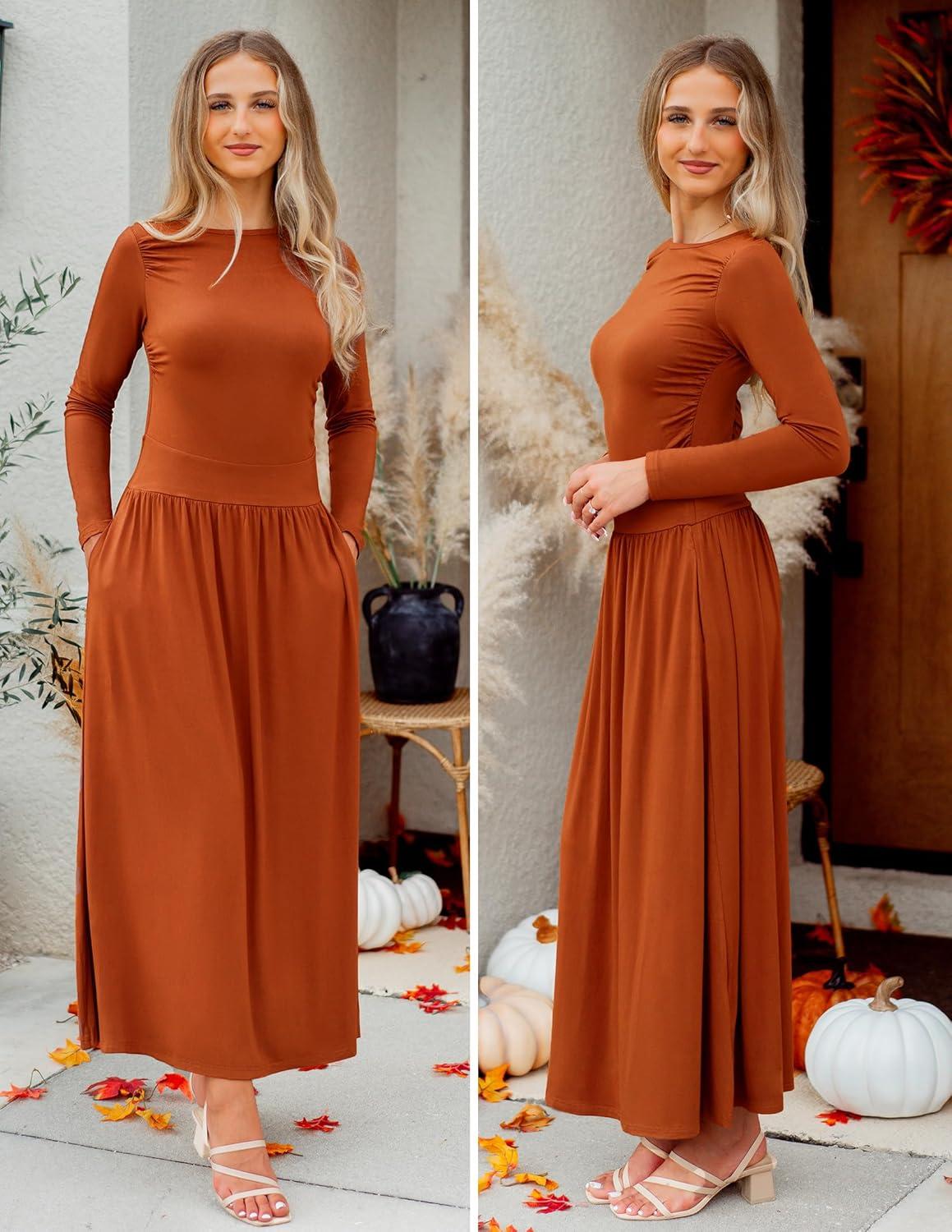 imageZESICA Womens Long Sleeve Fall Maxi Dress 2026 Crewneck Knit Casual Slim Swing Pleated Dresses with PocketsRust