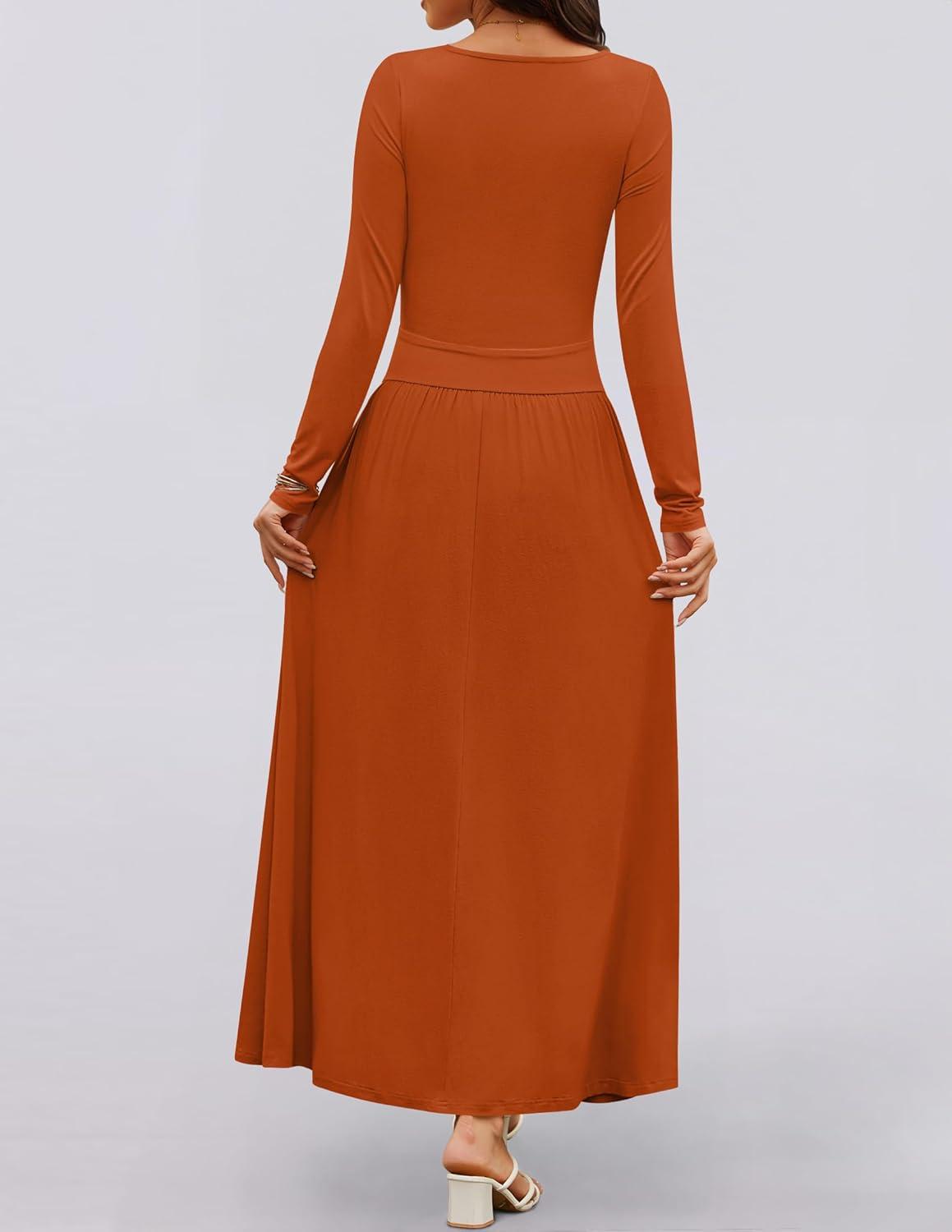 imageZESICA Womens Long Sleeve Fall Maxi Dress 2026 Crewneck Knit Casual Slim Swing Pleated Dresses with PocketsRust
