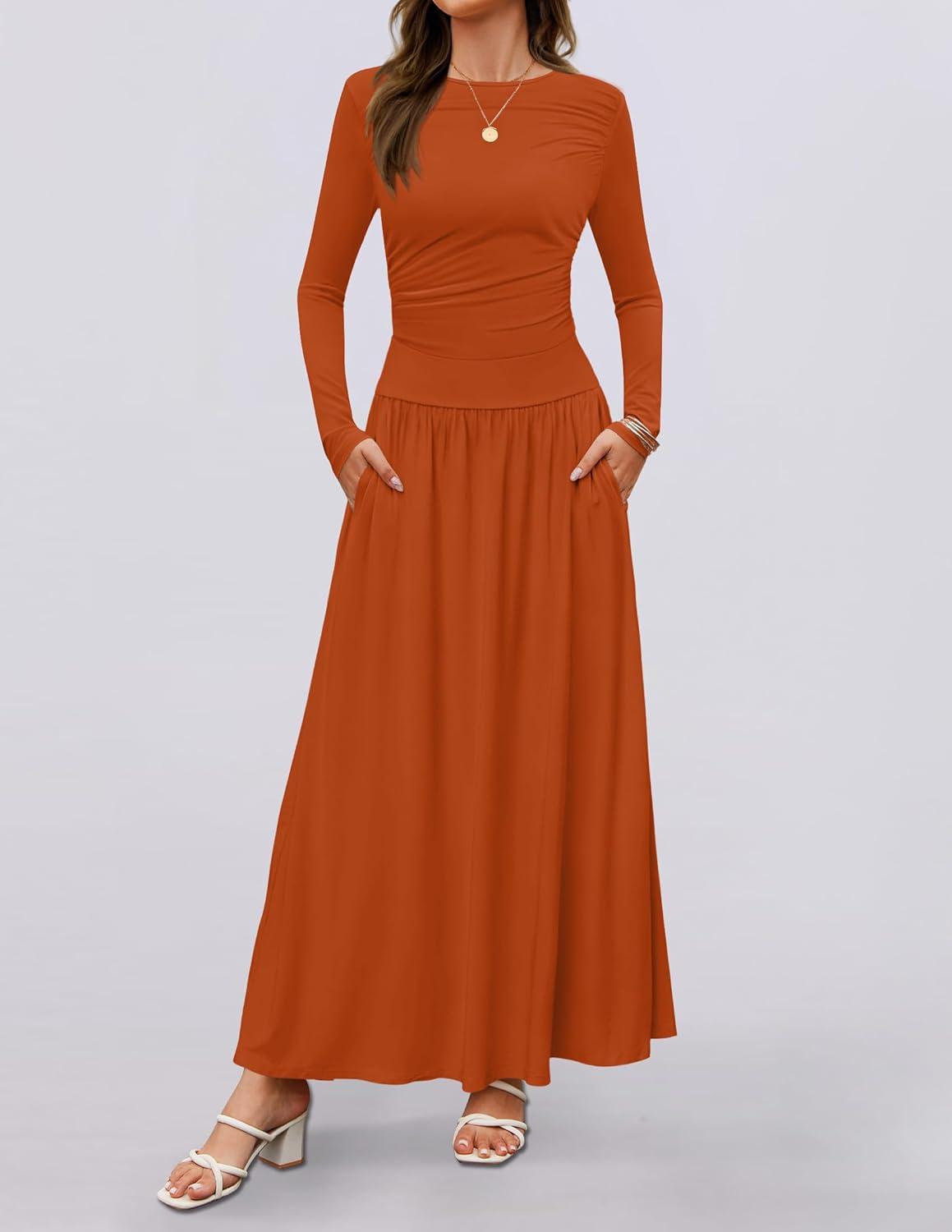 imageZESICA Womens Long Sleeve Fall Maxi Dress 2026 Crewneck Knit Casual Slim Swing Pleated Dresses with PocketsRust