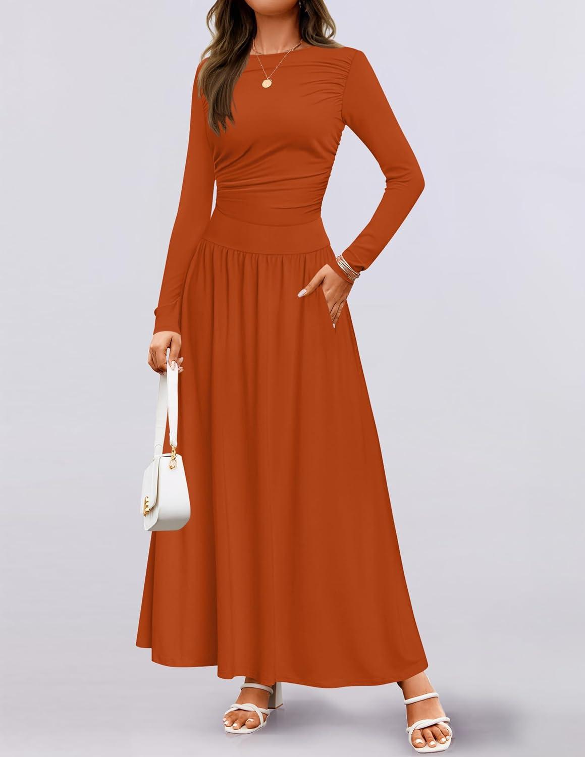 imageZESICA Womens Long Sleeve Fall Maxi Dress 2026 Crewneck Knit Casual Slim Swing Pleated Dresses with PocketsRust