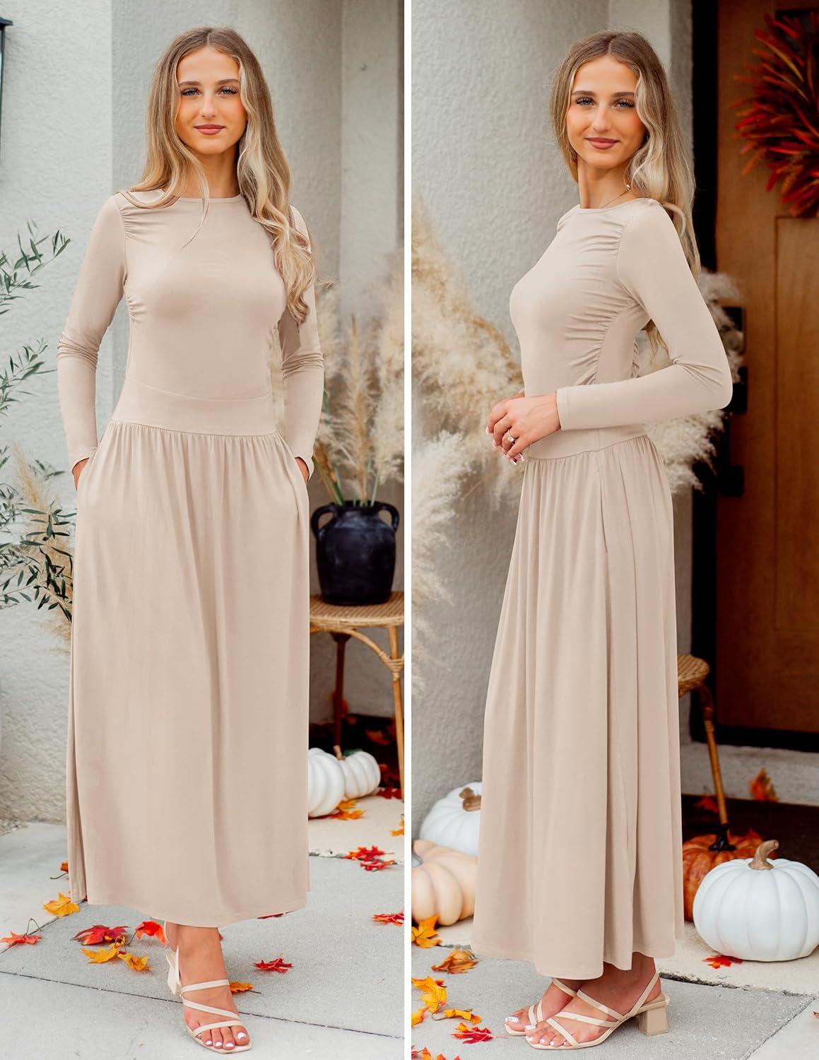 imageZESICA Womens Long Sleeve Fall Maxi Dress 2026 Crewneck Knit Casual Slim Swing Pleated Dresses with PocketsSand