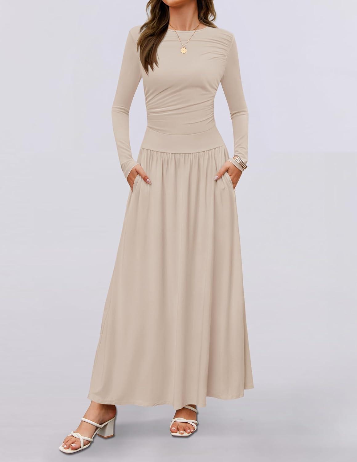 imageZESICA Womens Long Sleeve Fall Maxi Dress 2026 Crewneck Knit Casual Slim Swing Pleated Dresses with PocketsSand