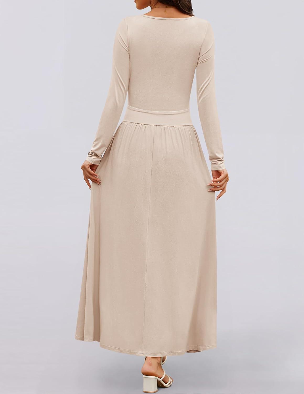 imageZESICA Womens Long Sleeve Fall Maxi Dress 2026 Crewneck Knit Casual Slim Swing Pleated Dresses with PocketsSand