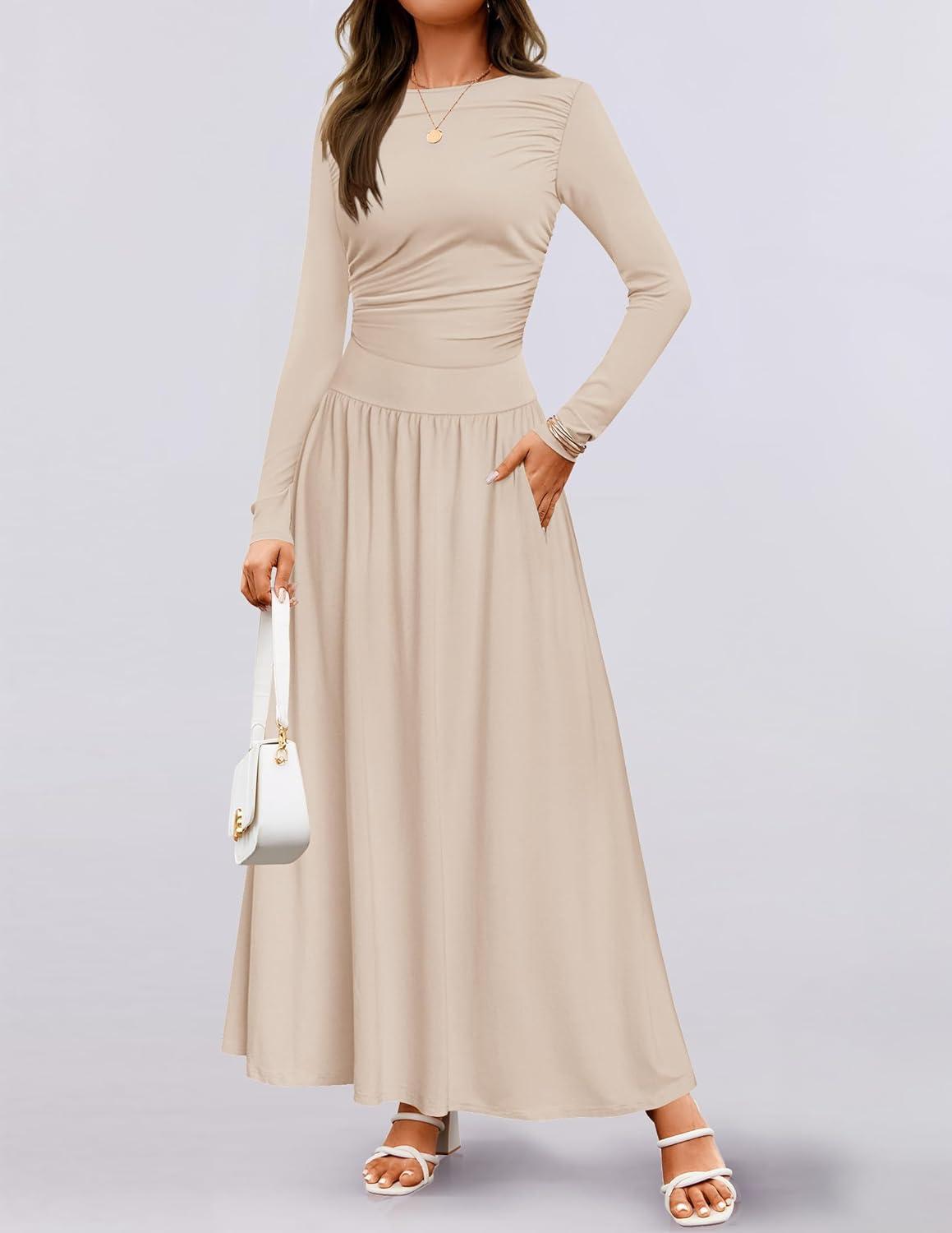 imageZESICA Womens Long Sleeve Fall Maxi Dress 2026 Crewneck Knit Casual Slim Swing Pleated Dresses with PocketsSand