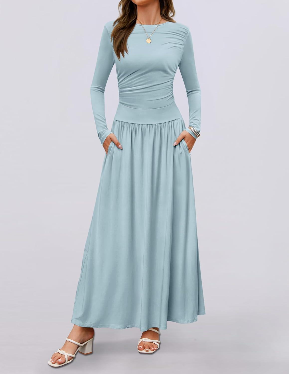 imageZESICA Womens Long Sleeve Fall Maxi Dress 2026 Crewneck Knit Casual Slim Swing Pleated Dresses with PocketsSky