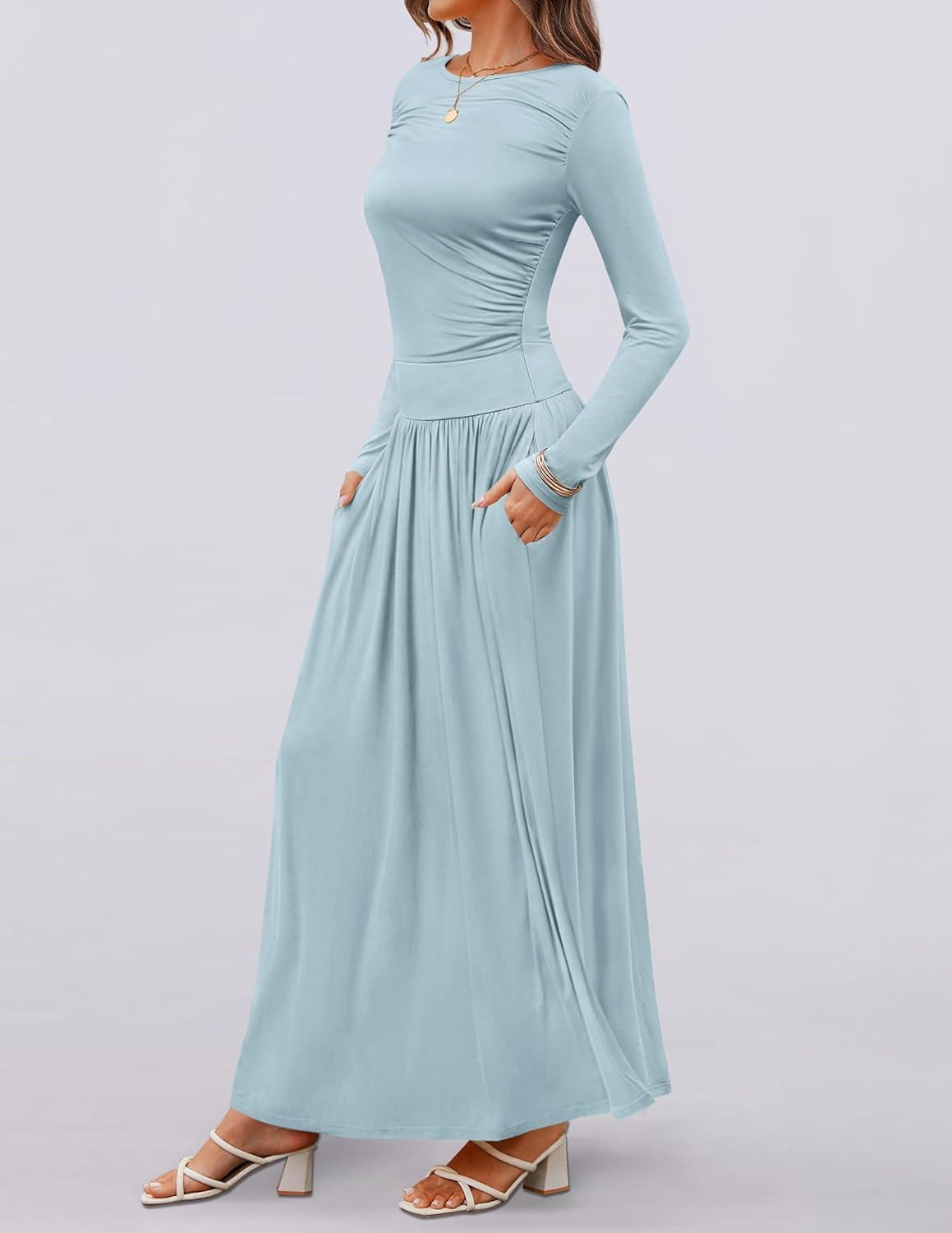 imageZESICA Womens Long Sleeve Fall Maxi Dress 2026 Crewneck Knit Casual Slim Swing Pleated Dresses with PocketsSky