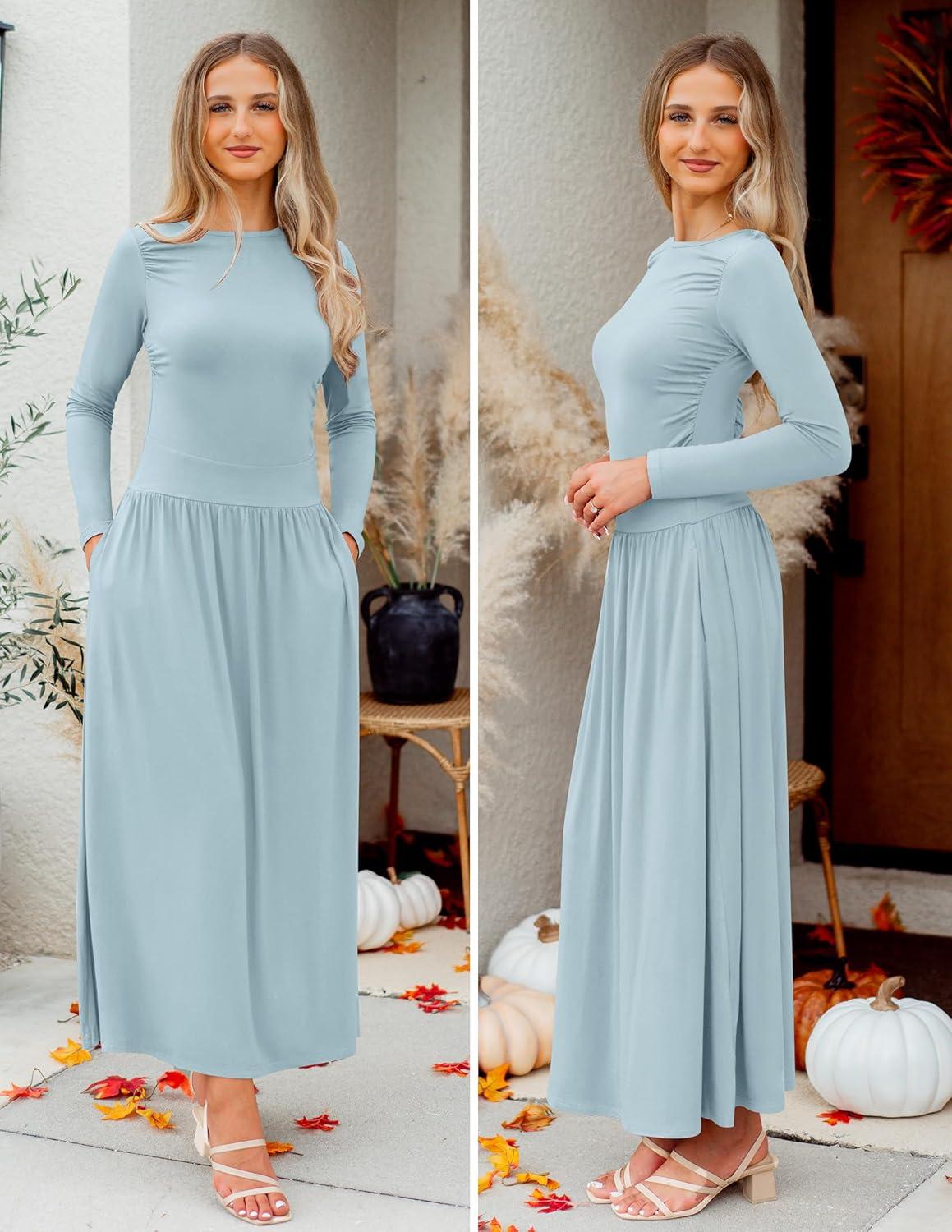 imageZESICA Womens Long Sleeve Fall Maxi Dress 2026 Crewneck Knit Casual Slim Swing Pleated Dresses with PocketsSky