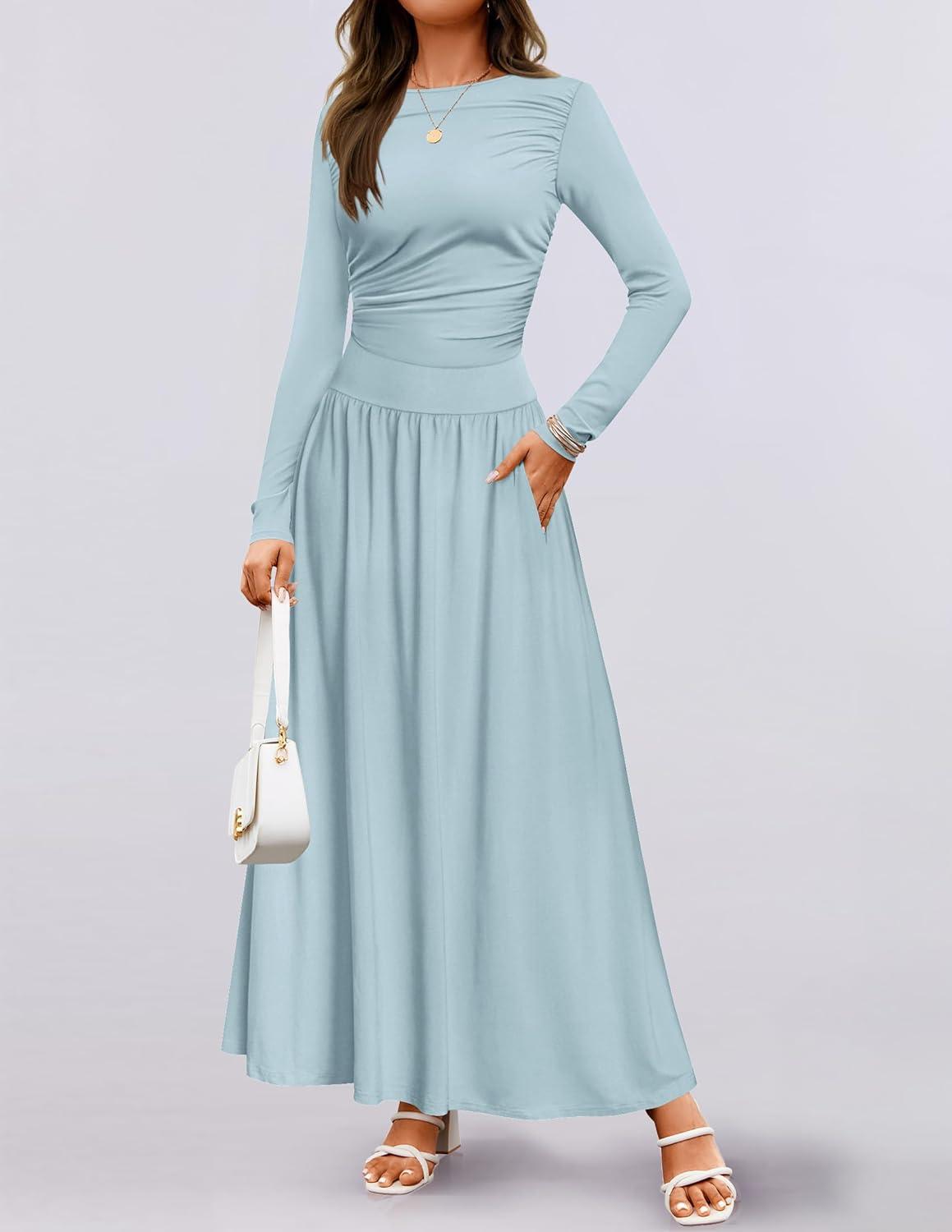 imageZESICA Womens Long Sleeve Fall Maxi Dress 2026 Crewneck Knit Casual Slim Swing Pleated Dresses with PocketsSky