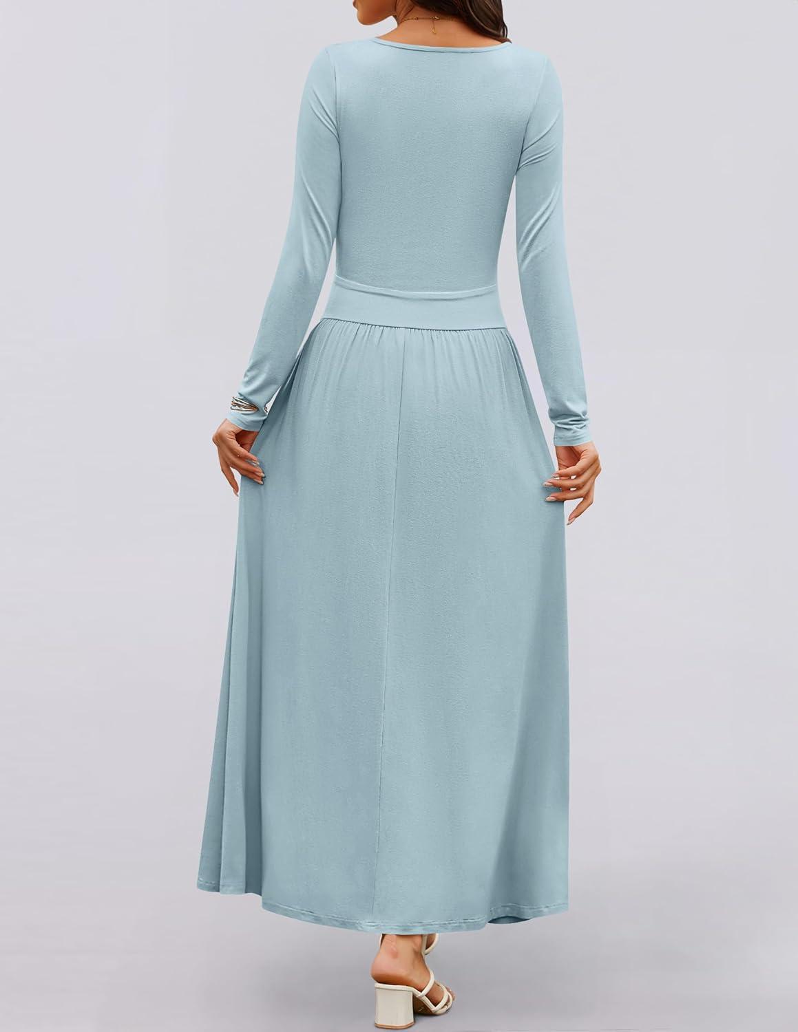 imageZESICA Womens Long Sleeve Fall Maxi Dress 2026 Crewneck Knit Casual Slim Swing Pleated Dresses with PocketsSky