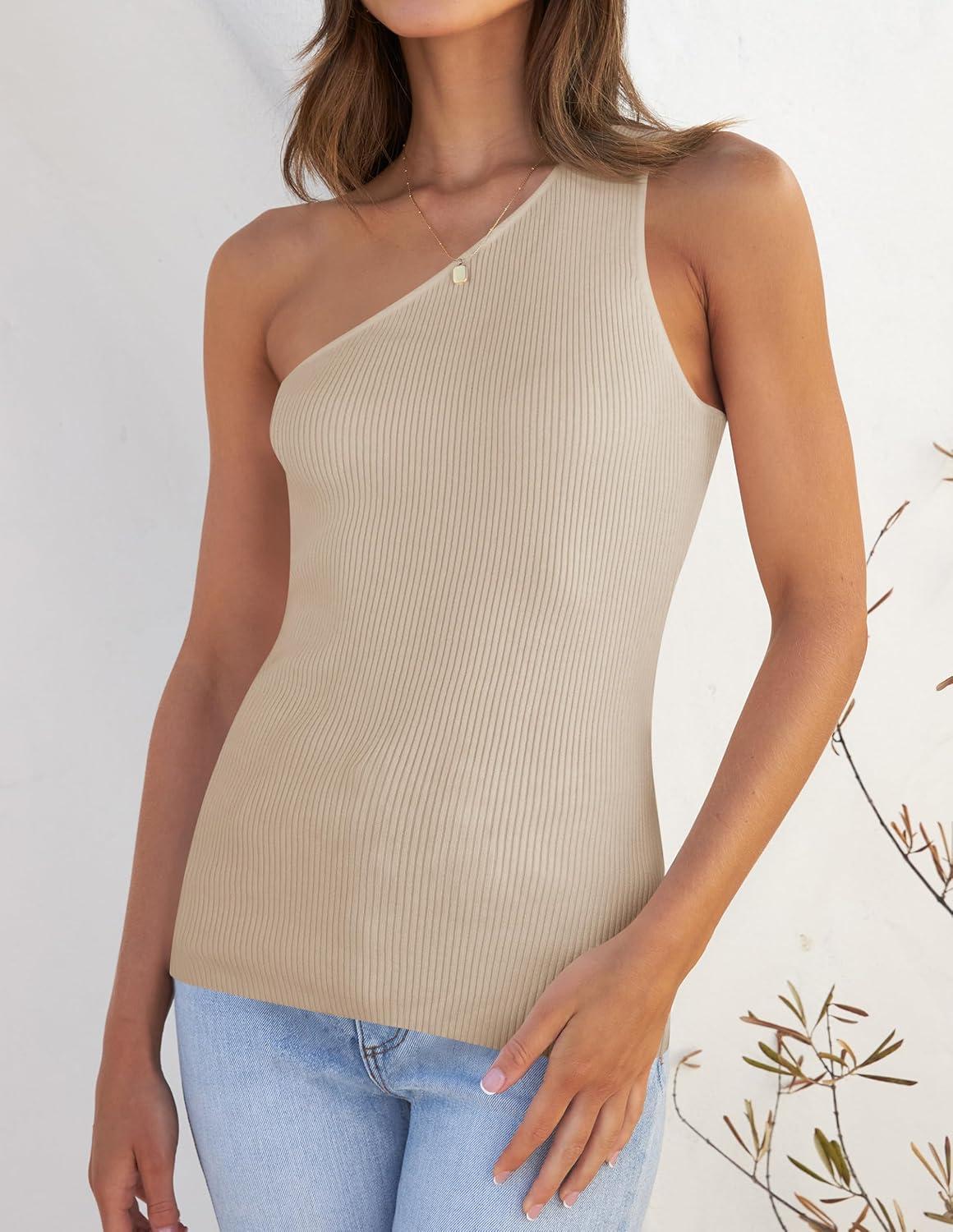 imageZESICA Womens One Shoulder Tank Summer Sleeveless T Shirt Ribbed Knit Slim Fit Sexy Casual Basic Tee TopsApricot