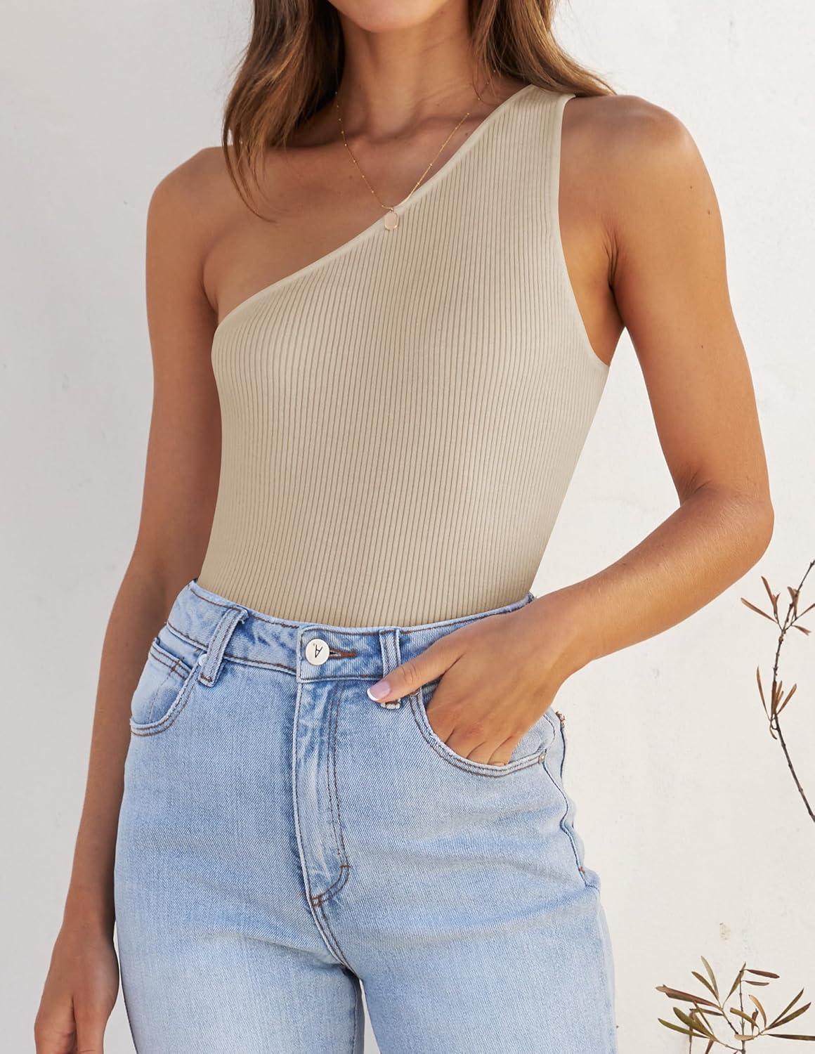 imageZESICA Womens One Shoulder Tank Summer Sleeveless T Shirt Ribbed Knit Slim Fit Sexy Casual Basic Tee TopsApricot