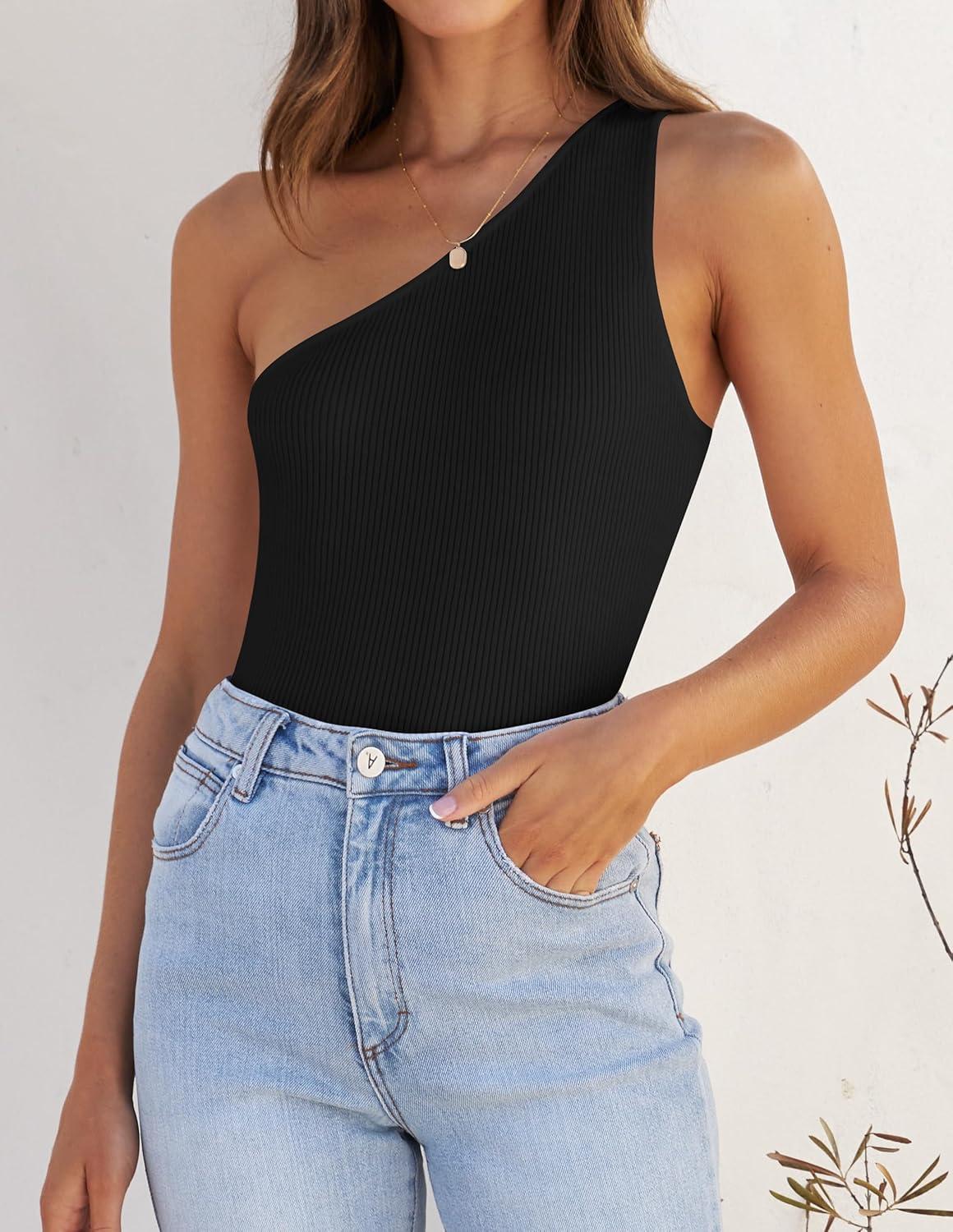 imageZESICA Womens One Shoulder Tank Summer Sleeveless T Shirt Ribbed Knit Slim Fit Sexy Casual Basic Tee TopsBlack