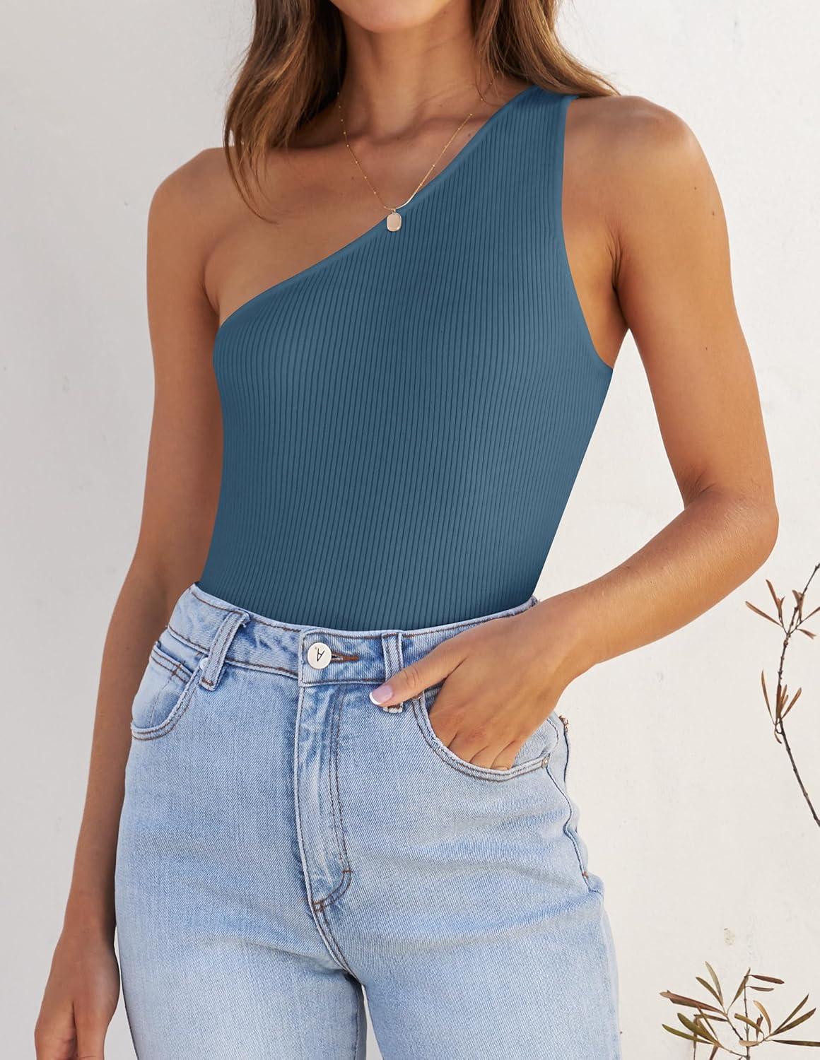 imageZESICA Womens One Shoulder Tank Summer Sleeveless T Shirt Ribbed Knit Slim Fit Sexy Casual Basic Tee TopsDarkblue