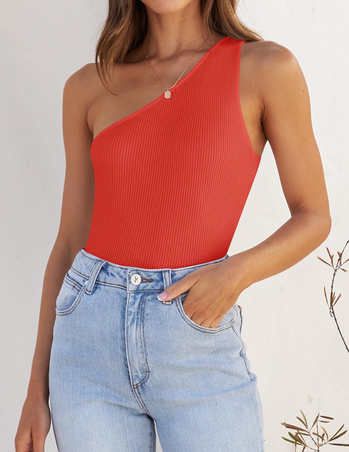 imageZESICA Womens One Shoulder Tank Summer Sleeveless T Shirt Ribbed Knit Slim Fit Sexy Casual Basic Tee TopsOrangered