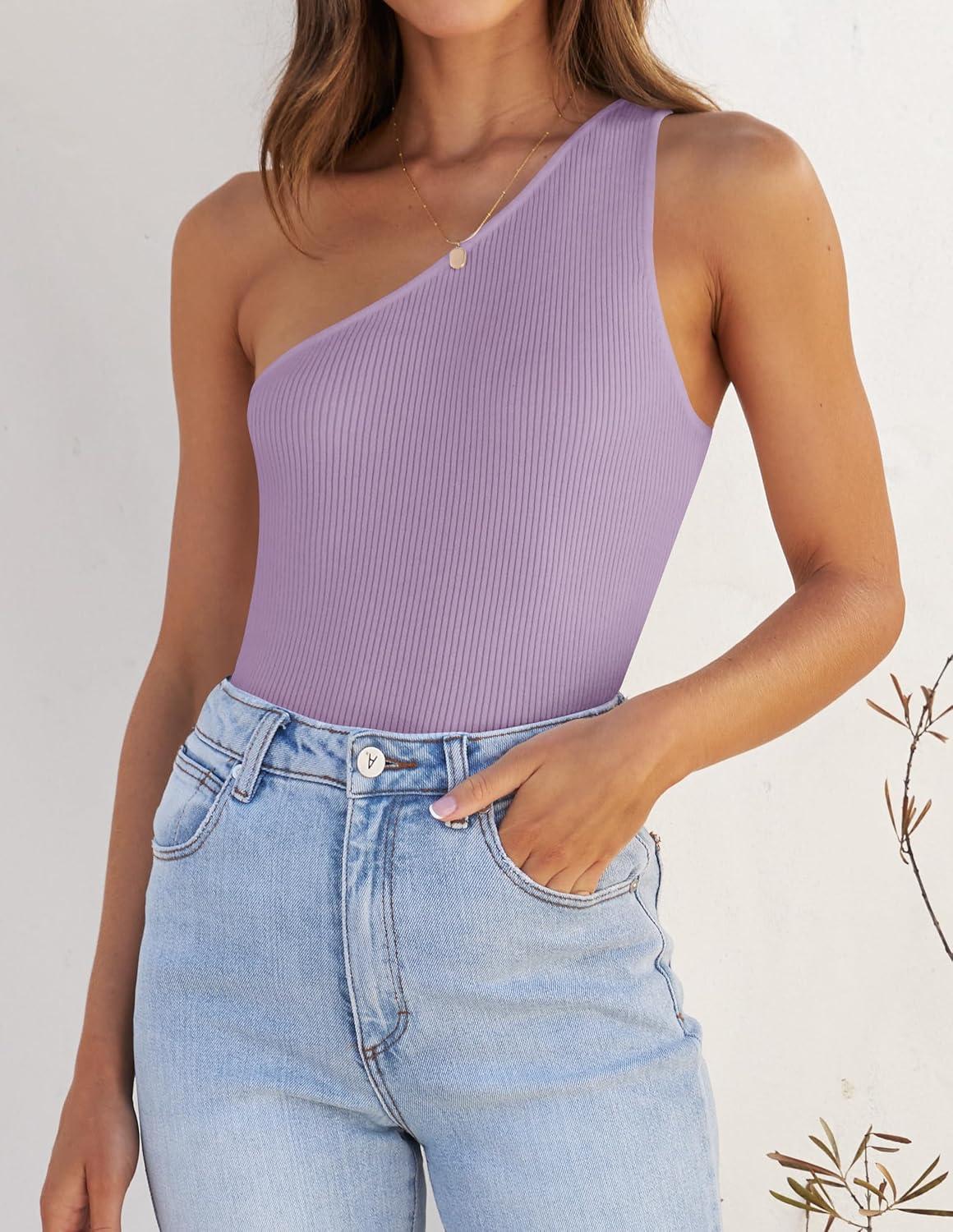 imageZESICA Womens One Shoulder Tank Summer Sleeveless T Shirt Ribbed Knit Slim Fit Sexy Casual Basic Tee TopsPurple