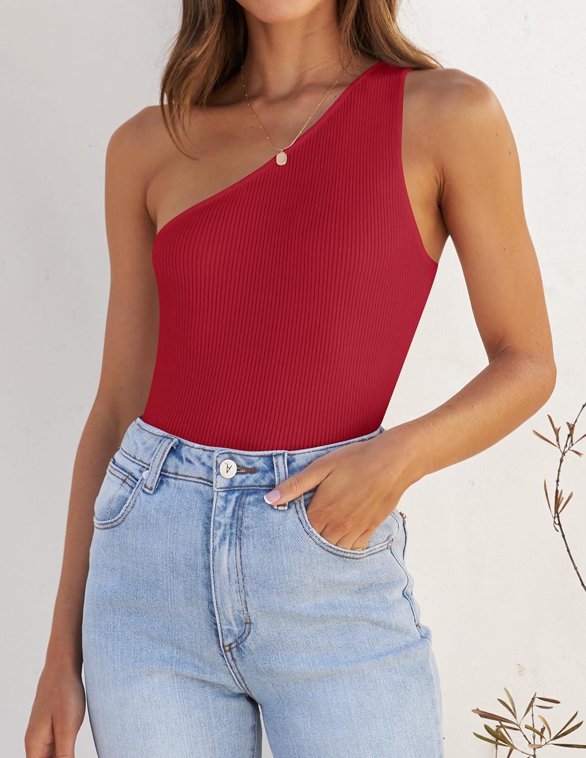 imageZESICA Womens One Shoulder Tank Summer Sleeveless T Shirt Ribbed Knit Slim Fit Sexy Casual Basic Tee TopsRed