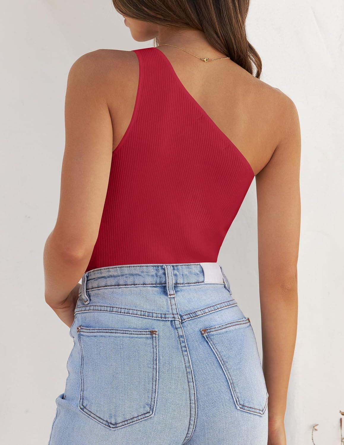 imageZESICA Womens One Shoulder Tank Summer Sleeveless T Shirt Ribbed Knit Slim Fit Sexy Casual Basic Tee TopsRed
