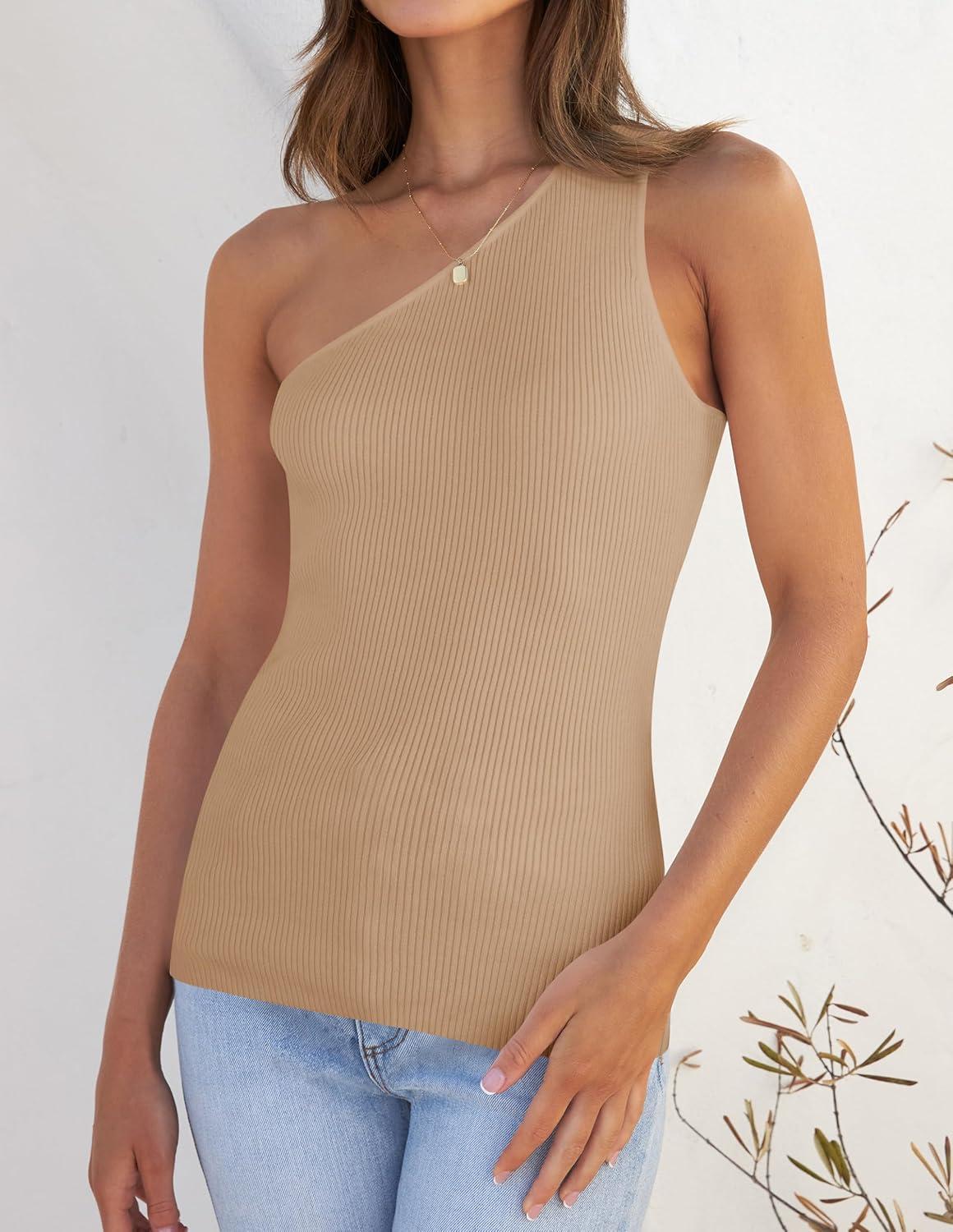 imageZESICA Womens One Shoulder Tank Summer Sleeveless T Shirt Ribbed Knit Slim Fit Sexy Casual Basic Tee TopsToffee