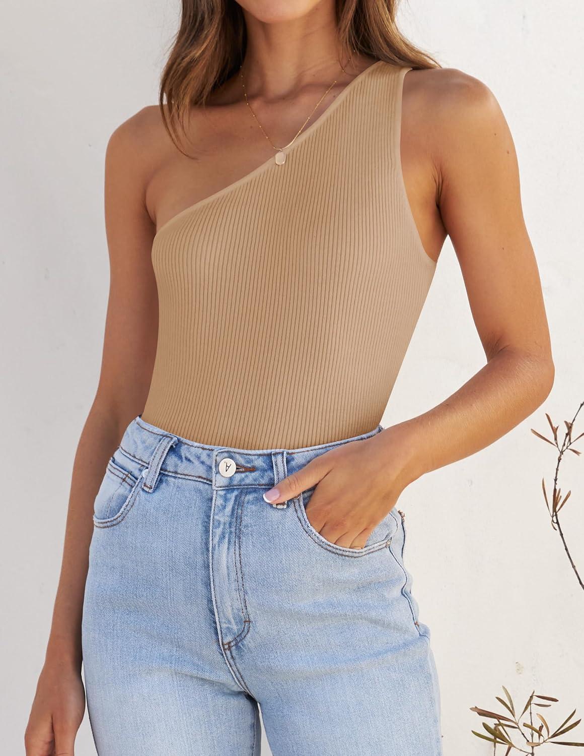 imageZESICA Womens One Shoulder Tank Summer Sleeveless T Shirt Ribbed Knit Slim Fit Sexy Casual Basic Tee TopsToffee