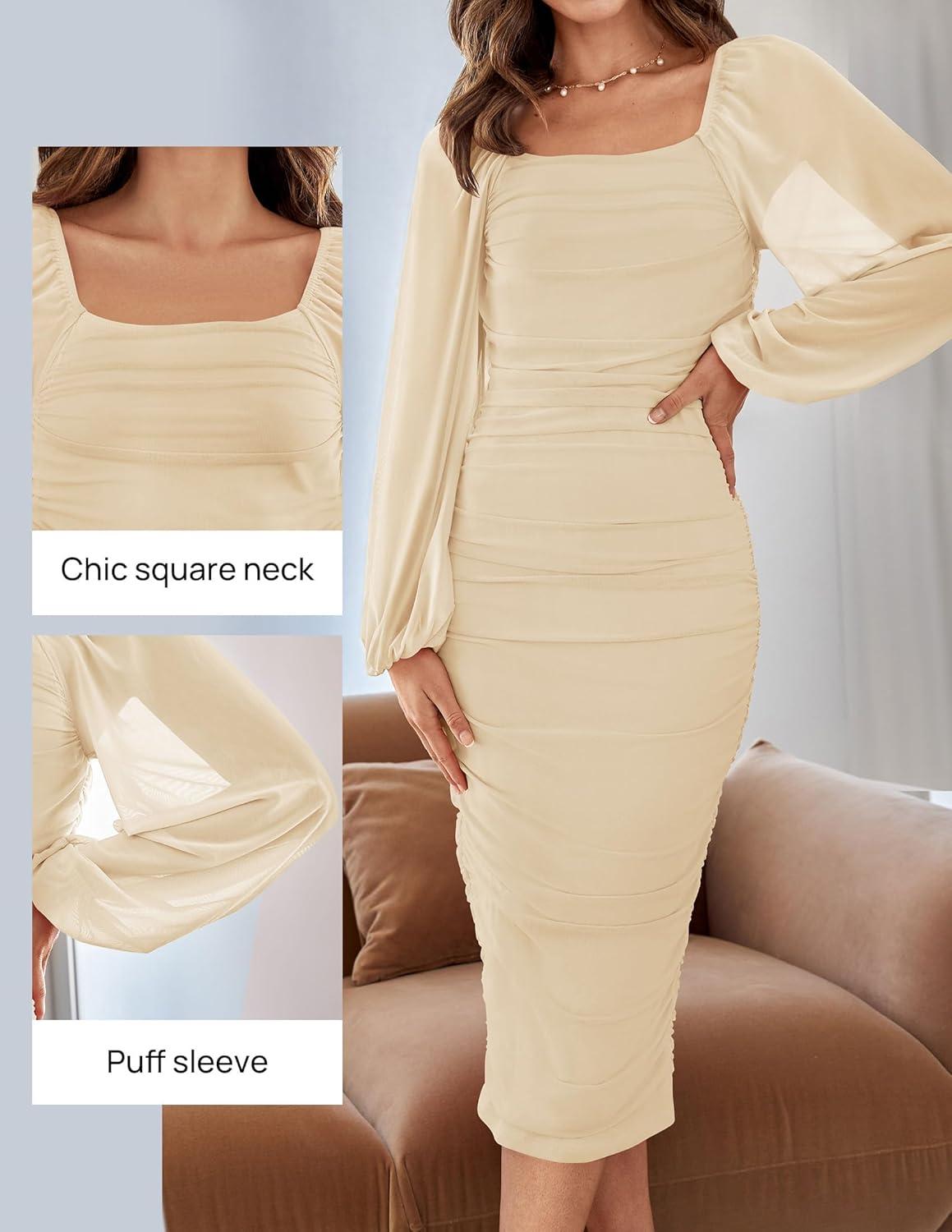 imageZESICA Womens Sexy Ruched Bodycon Midi Dress Long Puff Sleeve Square Neck Backless Cocktail Party Wedding DressesApricot