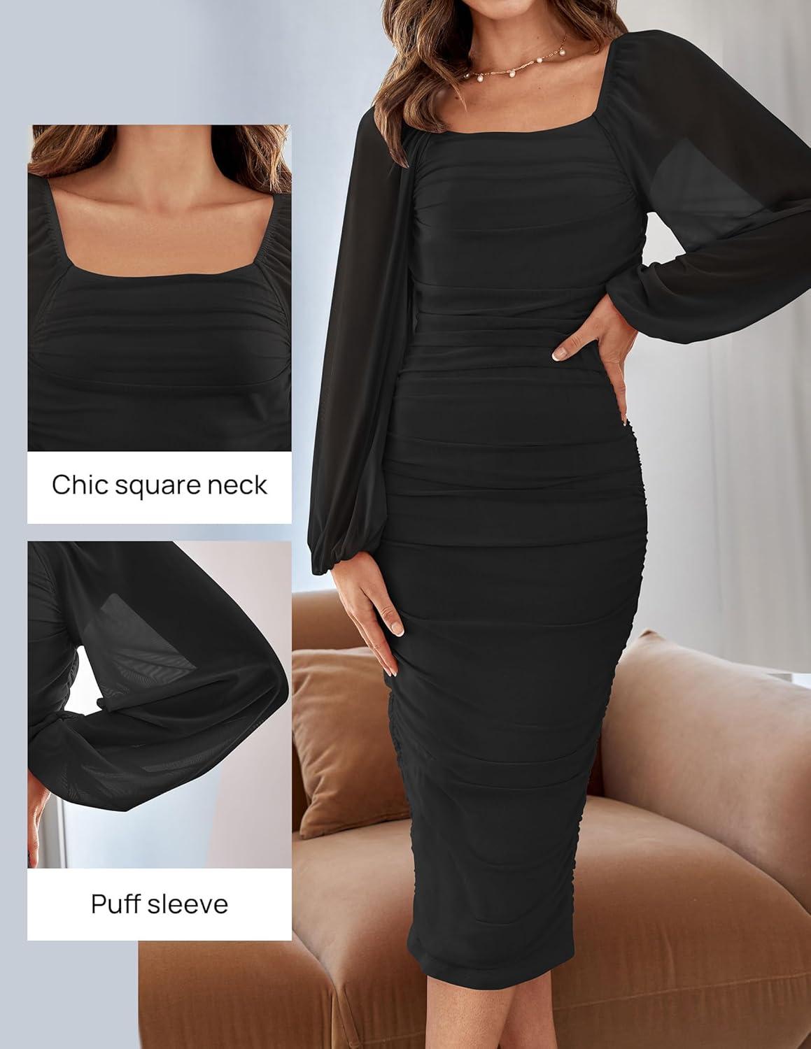 imageZESICA Womens Sexy Ruched Bodycon Midi Dress Long Puff Sleeve Square Neck Backless Cocktail Party Wedding DressesBlack